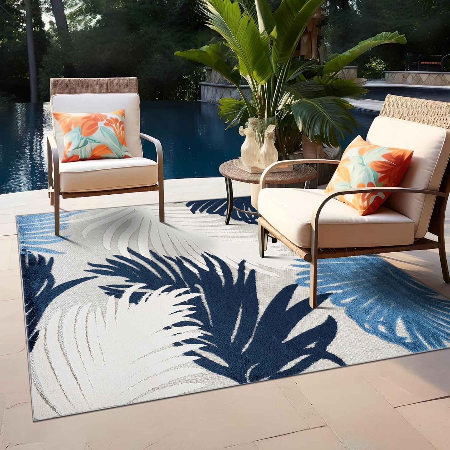 Rugshop Lucca Contemporary Floral Indoor/Outdoor Area Rug 5' x 7' Navy