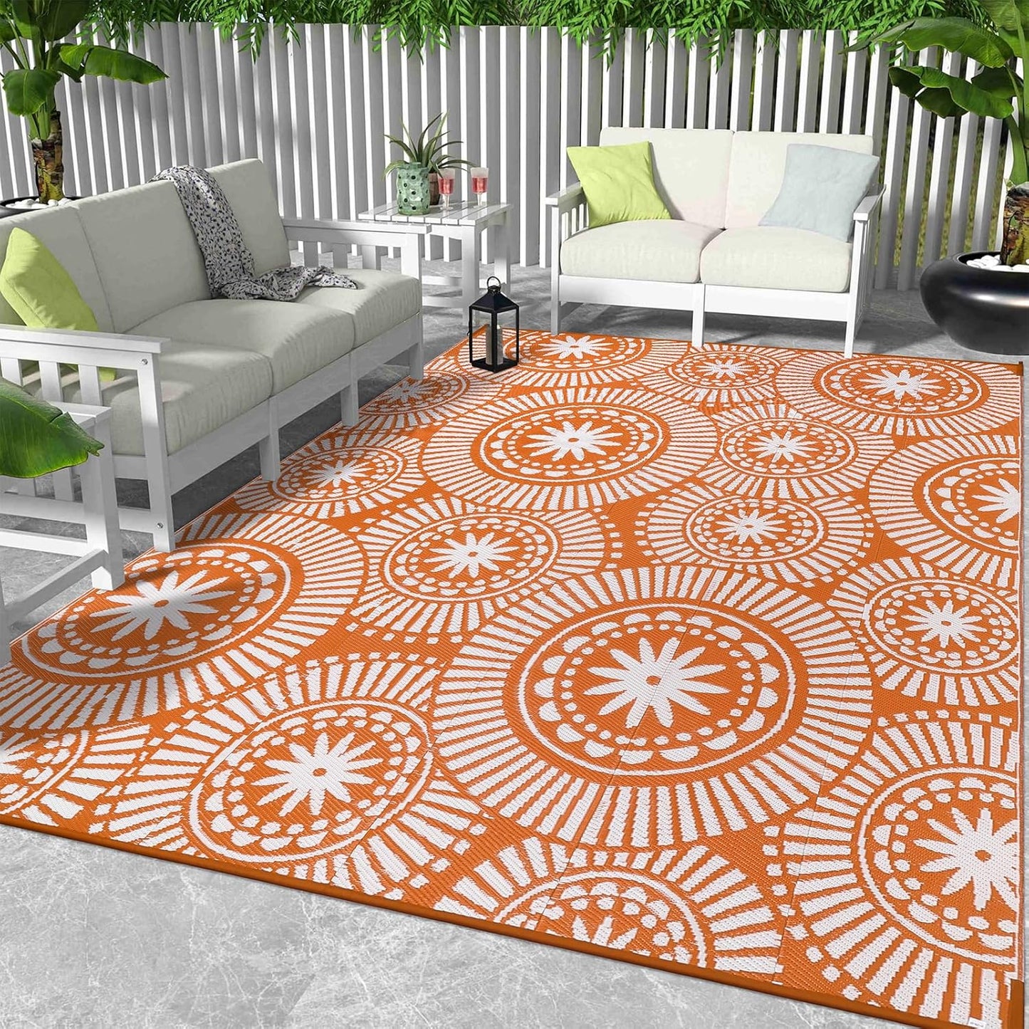 Ileading Round Outdoor Plastic Straw Rug 6ft Funny Floral Style Reversible Patio Area Rugs Waterproof Non Shedding Portable Carpets for Rv Outside Deck Pool Beach Picnic Camping (Pink)