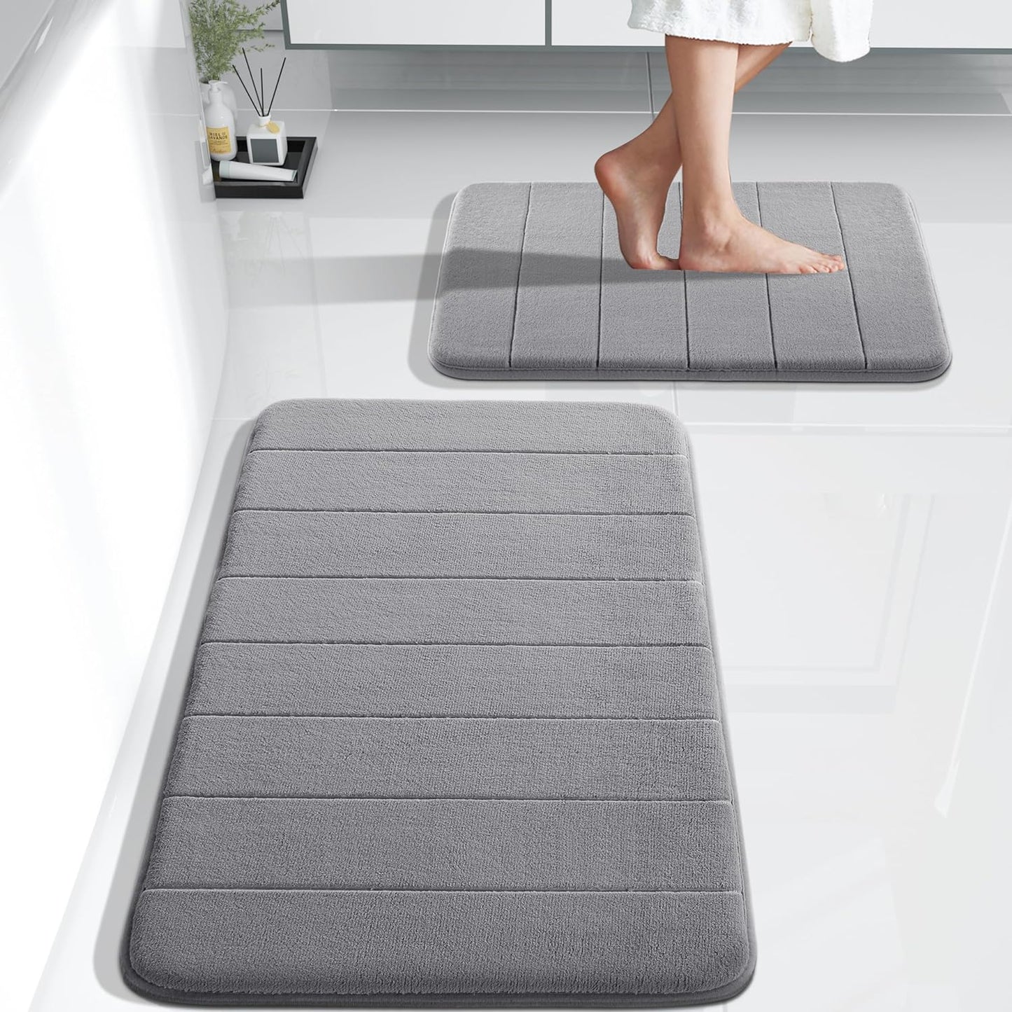 Yimobra Large Bath Mat Set 2 Piece- Super Soft Absorbent Quick Dry Memory Foam Bathroom Rugs, Machine Washable Non Slip Floor Carpet for Tub Shower & Double Vanity (17x24 & 44x24, Gray)
