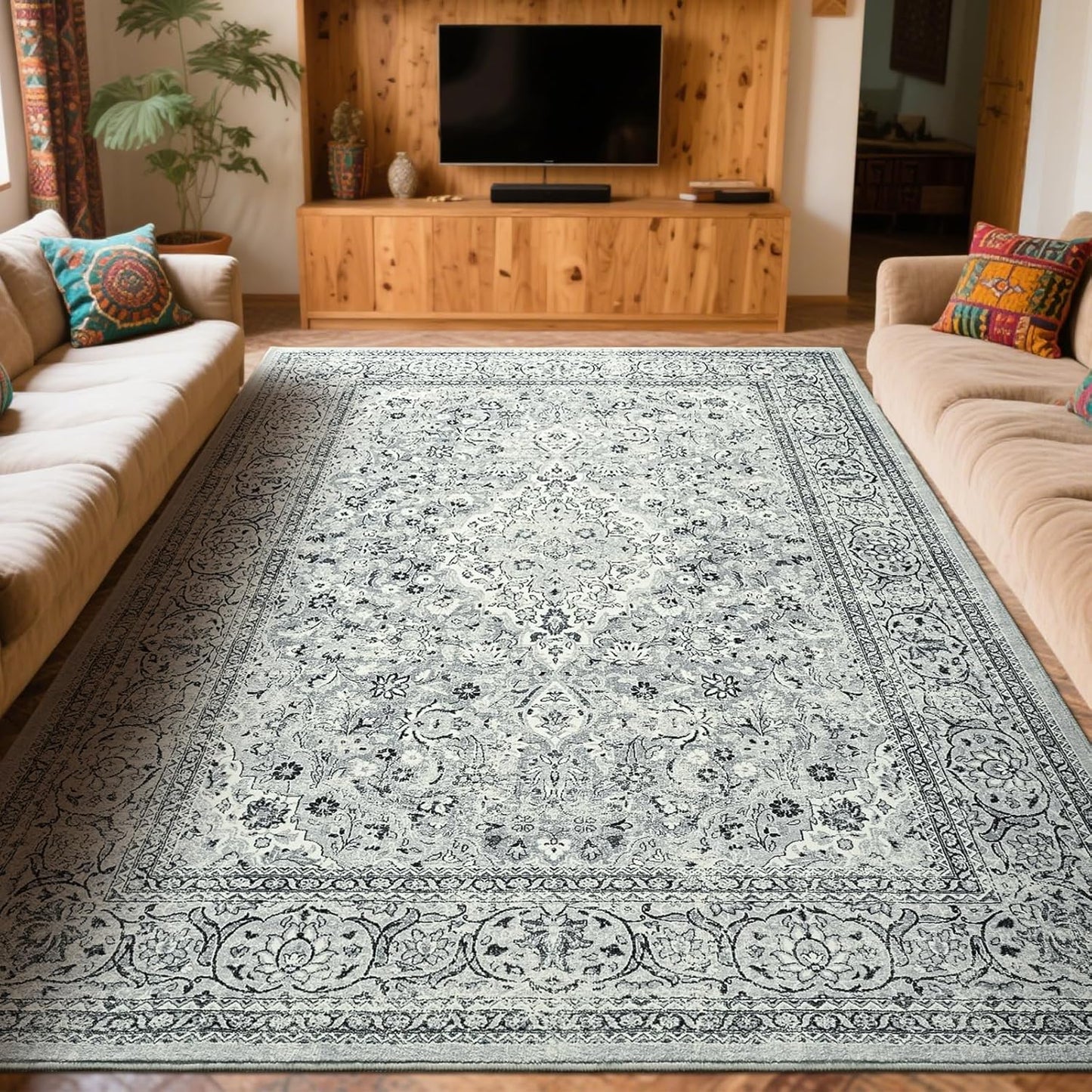 Washable Rug 4x6, Gray Area Rugs Non Slip, Indoor Low Pile Carpet with Rubber Backing for Living Room Kitchen Bathroom Entryway Office Bedroom