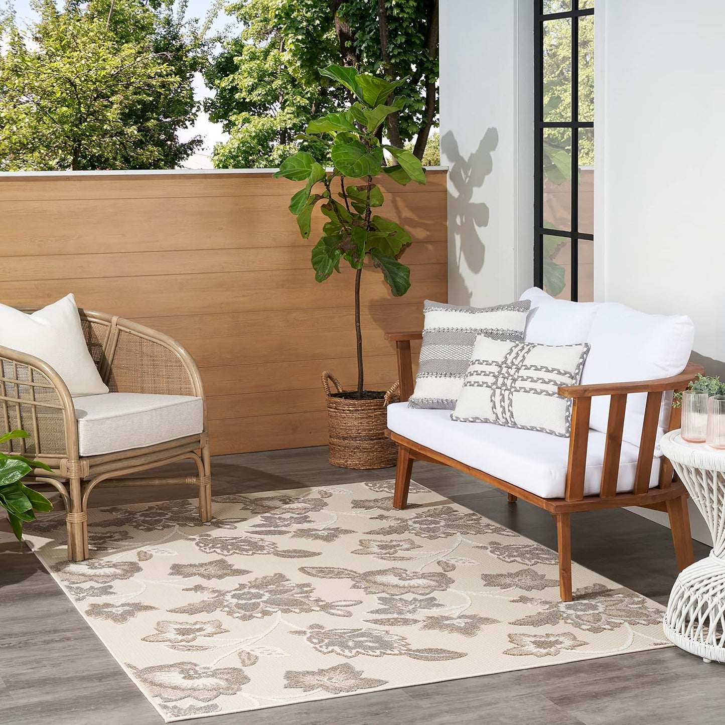 Nourison Home Aloha Indoor/Outdoor Beige 5'3" x 7'5" Area Rug, Easy Cleaning, Non Shedding, Bed Room, Living Room, Dining Room, Kitchen (5x7)