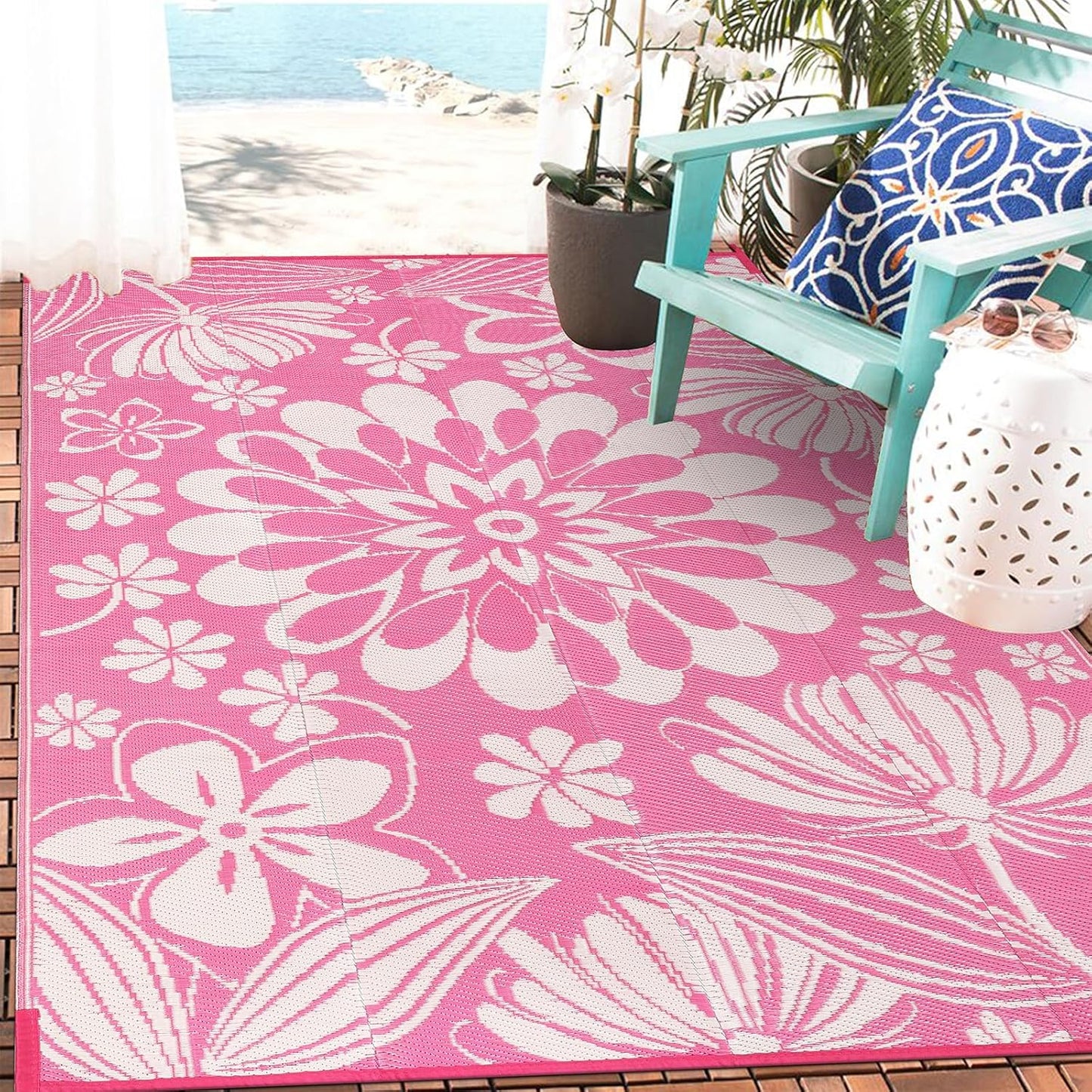 Ileading Round Outdoor Plastic Straw Rug 6ft Funny Floral Style Reversible Patio Area Rugs Waterproof Non Shedding Portable Carpets for Rv Outside Deck Pool Beach Picnic Camping (Pink)