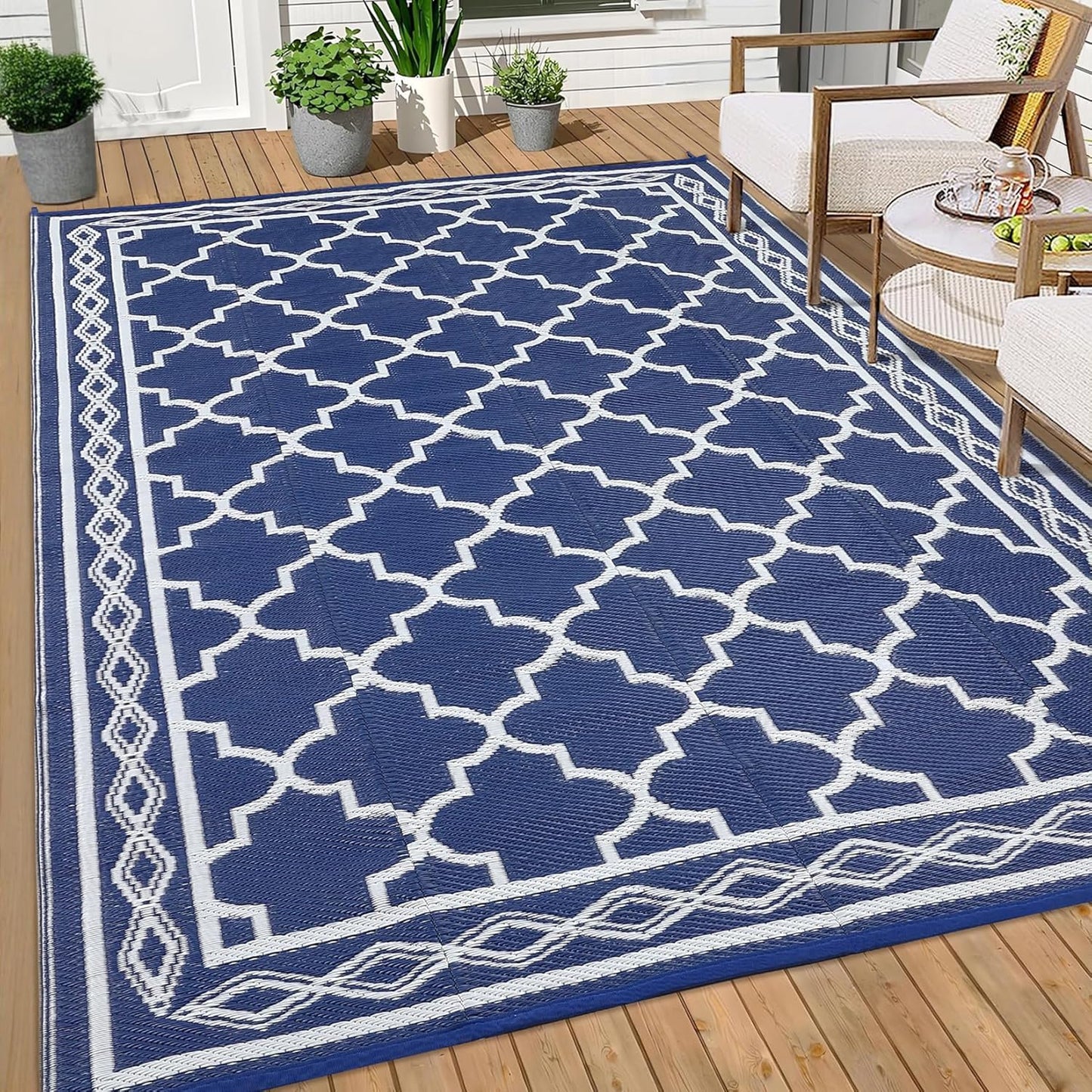 GAOMON Outdoor Plastic Straw Rug, 10'x20' Reversible Sage Green Patio Mat, Flower Modern Design for RV, Backyard, Deck, Camping, Picnic, Teal/Yellow(Bohemia)