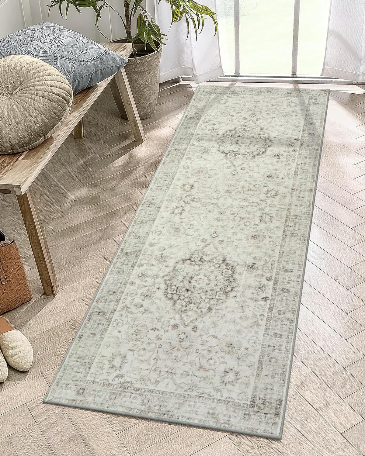 LIVEBOX Washable 2x6 Runner Rug for Bathroom, Non Slip Kitchen Mats for Floor Entryway, Boho Indoor Front Door Mat Low-Pile Runners for Hallways, Farmhouse Rugs for Laundry, Sage Green