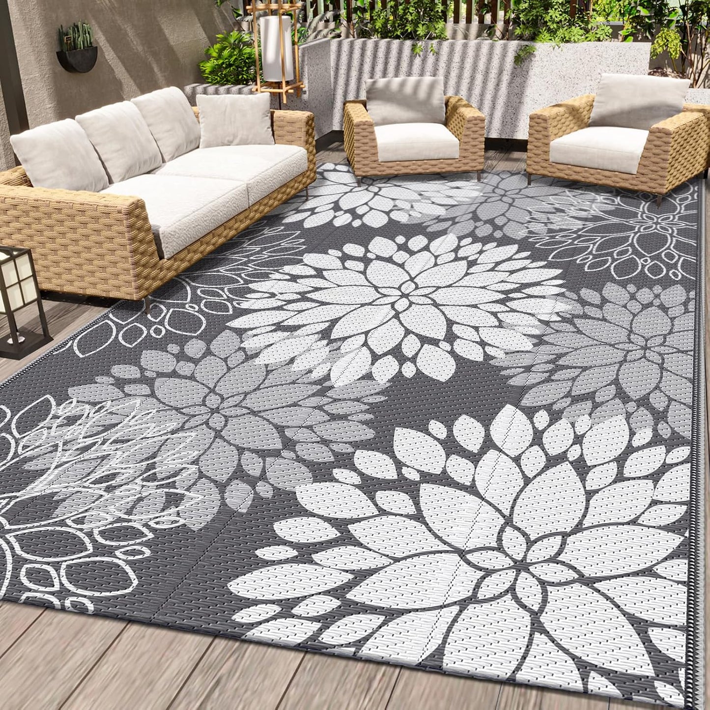 LuxStep Outdoor Rug Waterproof Outdoor Plastic Straw Rug Reversible Patio Rug Mat Outdoor Decor Large Area Mats for RV, Picnic, Backyard, Deck, Balcony, Porch, Beach, Camping, 5' x 8' Blue