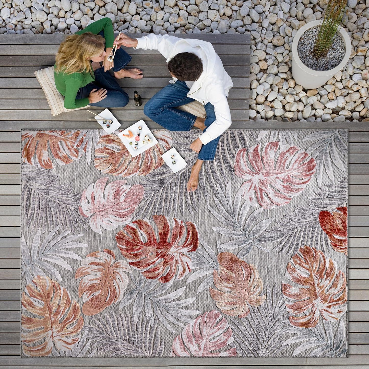 CAMILSON Indoor Outdoor Rug, Beige 5x7 Floral Exotic Tropical Area Rugs for Indoor and Outdoor Patios, Easy-Cleaning Non-Shedding Living Room, Garden and Kitchen Washable Outside Carpet (5 x 7)