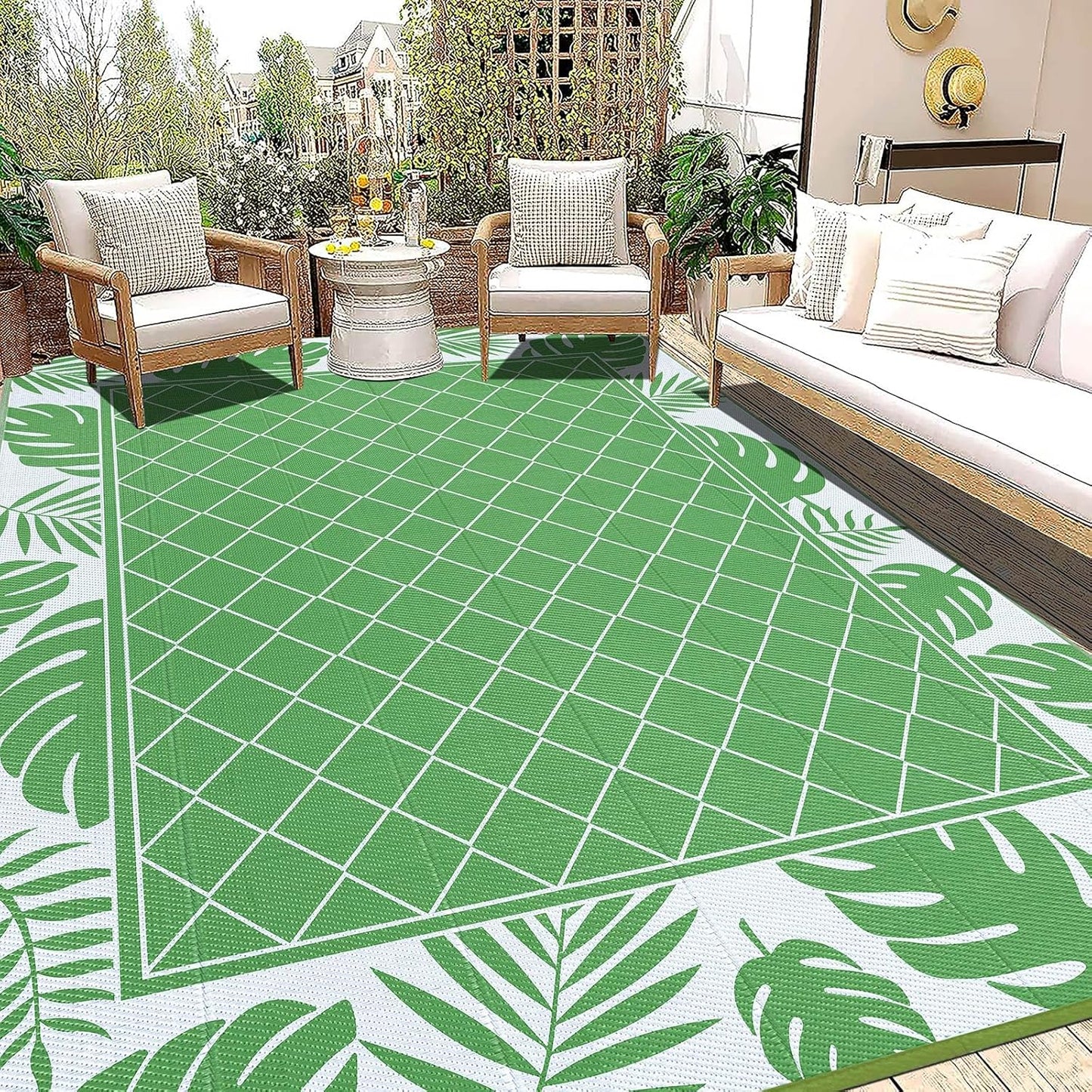 Ileading Reversible Outdoor Rug 6x9Ft Waterproof Patio Rug Carpet Portable Outdoor Plastic Straw Rug Large RV Camping Mat Rug for Patio, Clearance, Deck, Beach, Porch, Camping, Picnic, Flower Grey