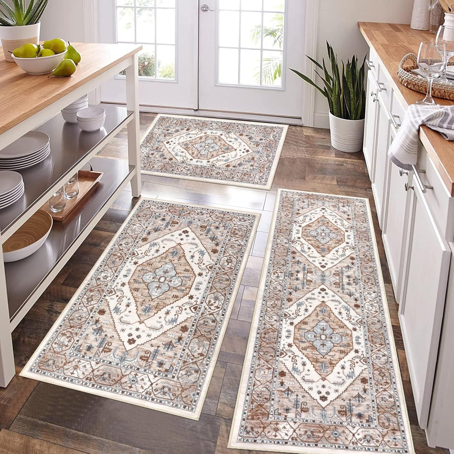 Pauwer Kitchen Mats for Floor 3 Piece Set Boho Non Slip Kitchen Rugs Washable Farmhouse Kitchen Floor Mats Thick Long Kitchen Throw Area Rug Carpet Runner for Hallway Entryway Laundry Bathroom, Blue