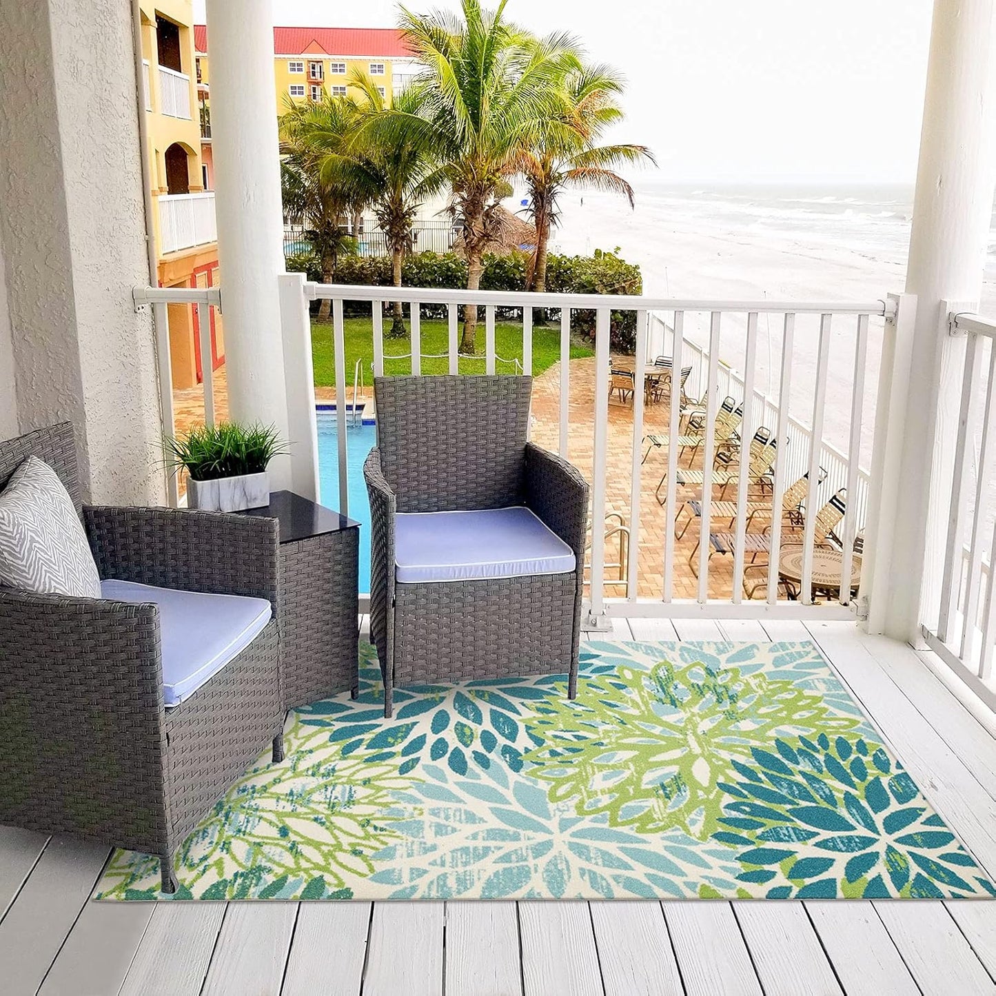 DECOMALL Outdoor Rugs for Patio Deck Porch Balcony Backyard, Green Blue Flower, 5'x7'