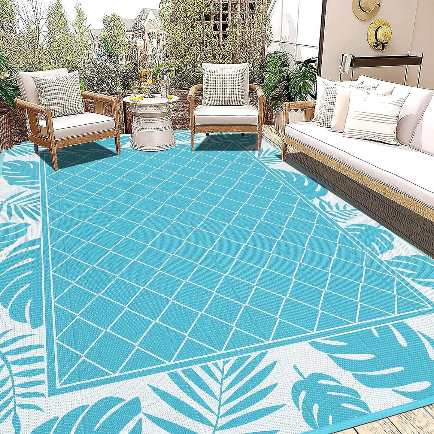 Ileading Reversible Outdoor Rug 6x9Ft Waterproof Patio Rug Carpet Portable Outdoor Plastic Straw Rug Large RV Camping Mat Rug for Patio, Clearance, Deck, Beach, Porch, Camping, Picnic, Flower Grey