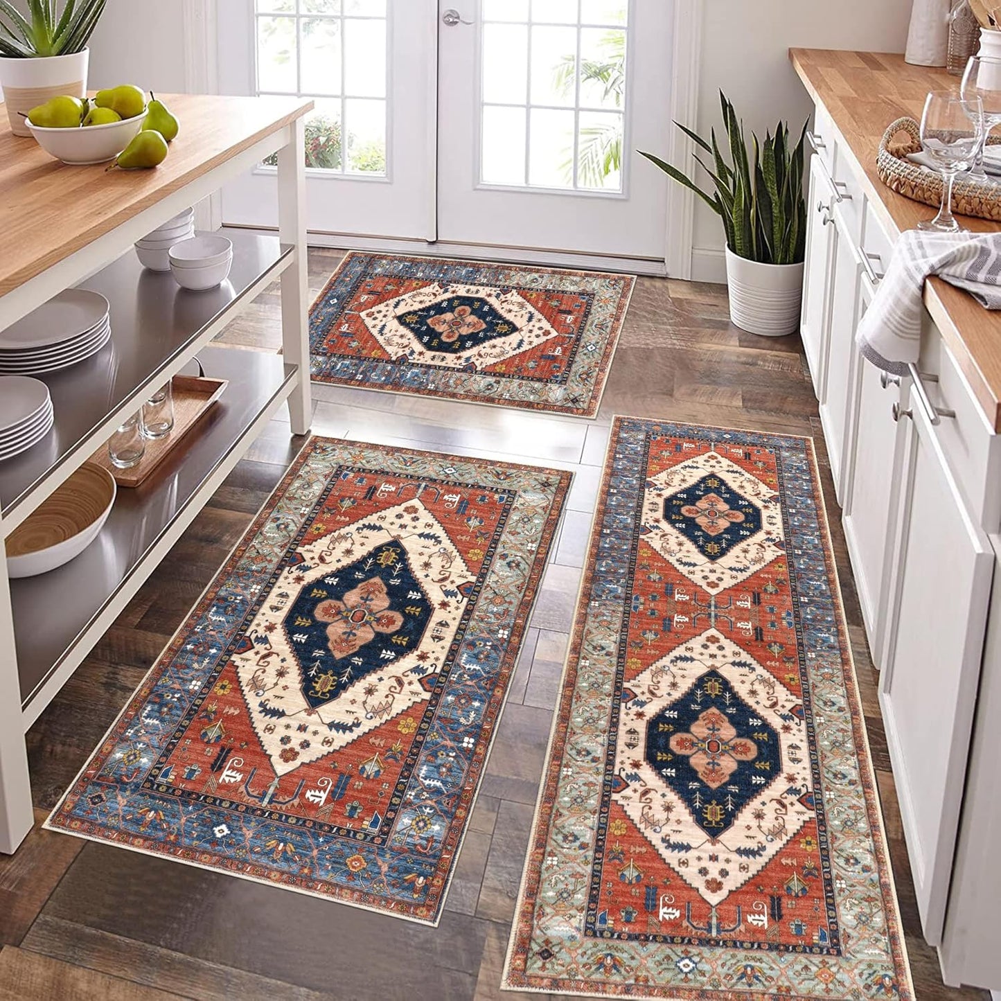Pauwer Kitchen Mats for Floor 3 Piece Set Boho Non Slip Kitchen Rugs Washable Farmhouse Kitchen Floor Mats Thick Long Kitchen Throw Area Rug Carpet Runner for Hallway Entryway Laundry Bathroom, Blue