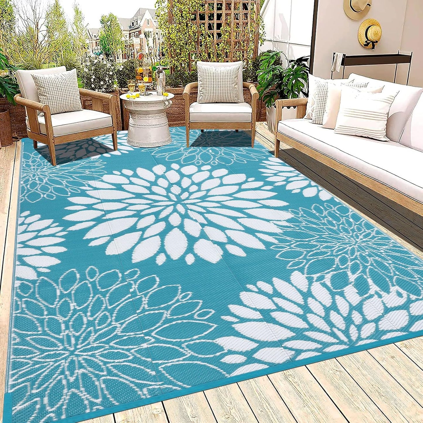 Ileading Reversible Outdoor Rug 6x9Ft Waterproof Patio Rug Carpet Portable Outdoor Plastic Straw Rug Large RV Camping Mat Rug for Patio, Clearance, Deck, Beach, Porch, Camping, Picnic, Flower Grey
