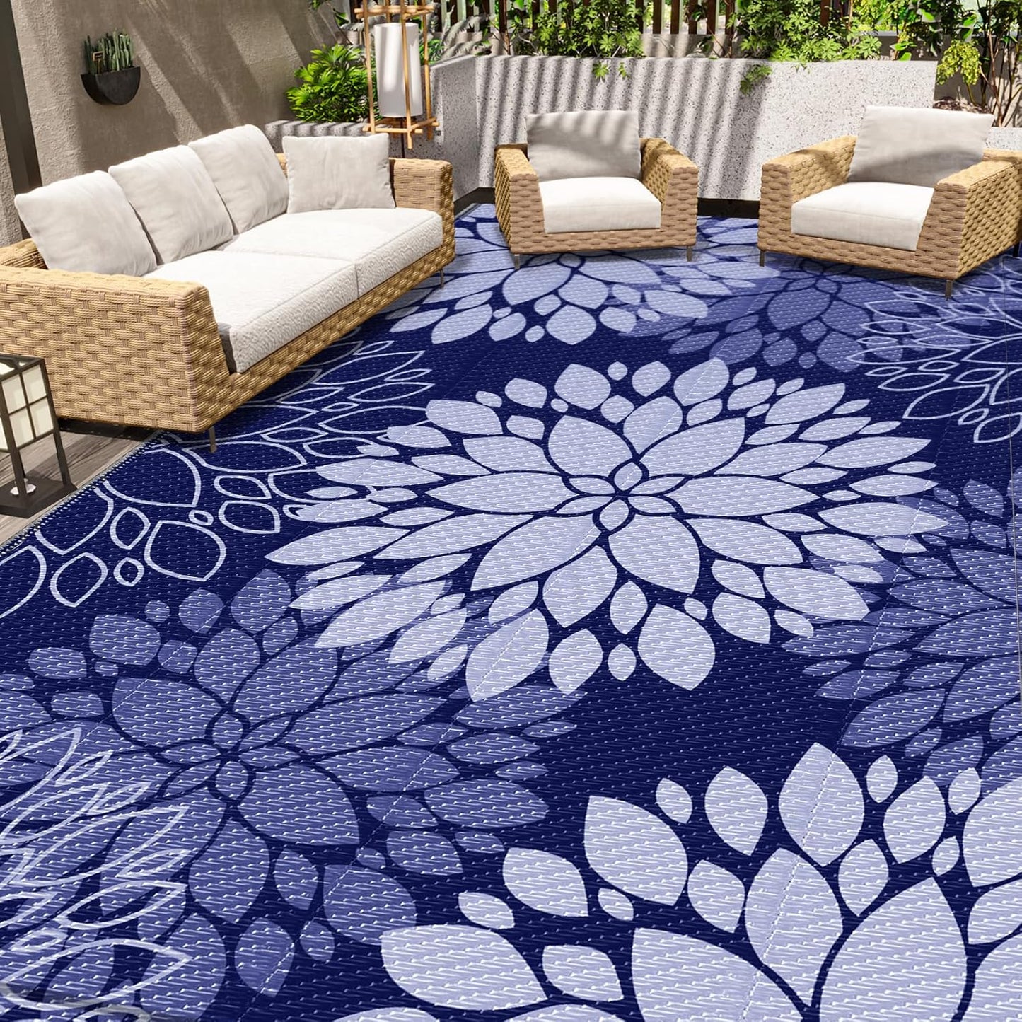 LuxStep Outdoor Rug Waterproof Outdoor Plastic Straw Rug Reversible Patio Rug Mat Outdoor Decor Large Area Mats for RV, Picnic, Backyard, Deck, Balcony, Porch, Beach, Camping, 5' x 8' Blue