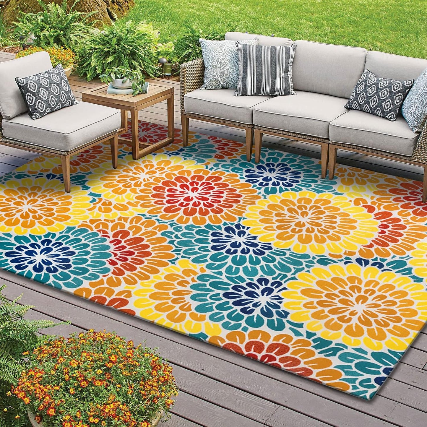DECOMALL Outdoor Rugs for Patio Deck Porch Balcony Backyard, Green Blue Flower, 5'x7'