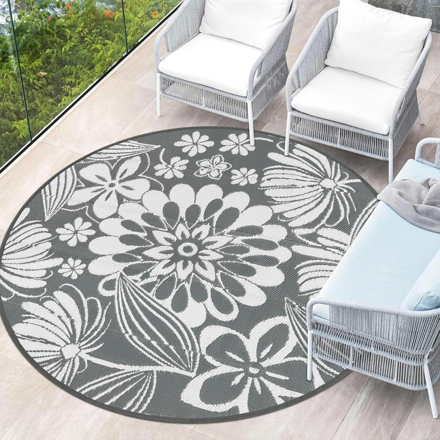 Ileading Round Outdoor Plastic Straw Rug 6ft Funny Floral Style Reversible Patio Area Rugs Waterproof Non Shedding Portable Carpets for Rv Outside Deck Pool Beach Picnic Camping (Pink)