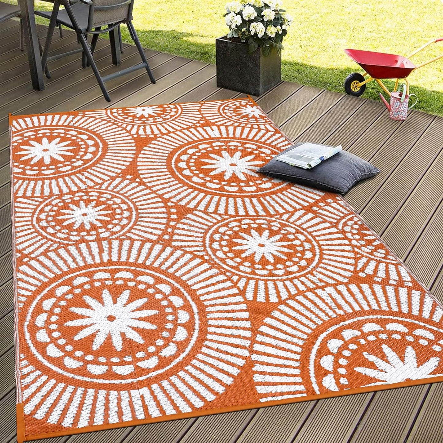 Ileading Round Outdoor Plastic Straw Rug 6ft Funny Floral Style Reversible Patio Area Rugs Waterproof Non Shedding Portable Carpets for Rv Outside Deck Pool Beach Picnic Camping (Pink)