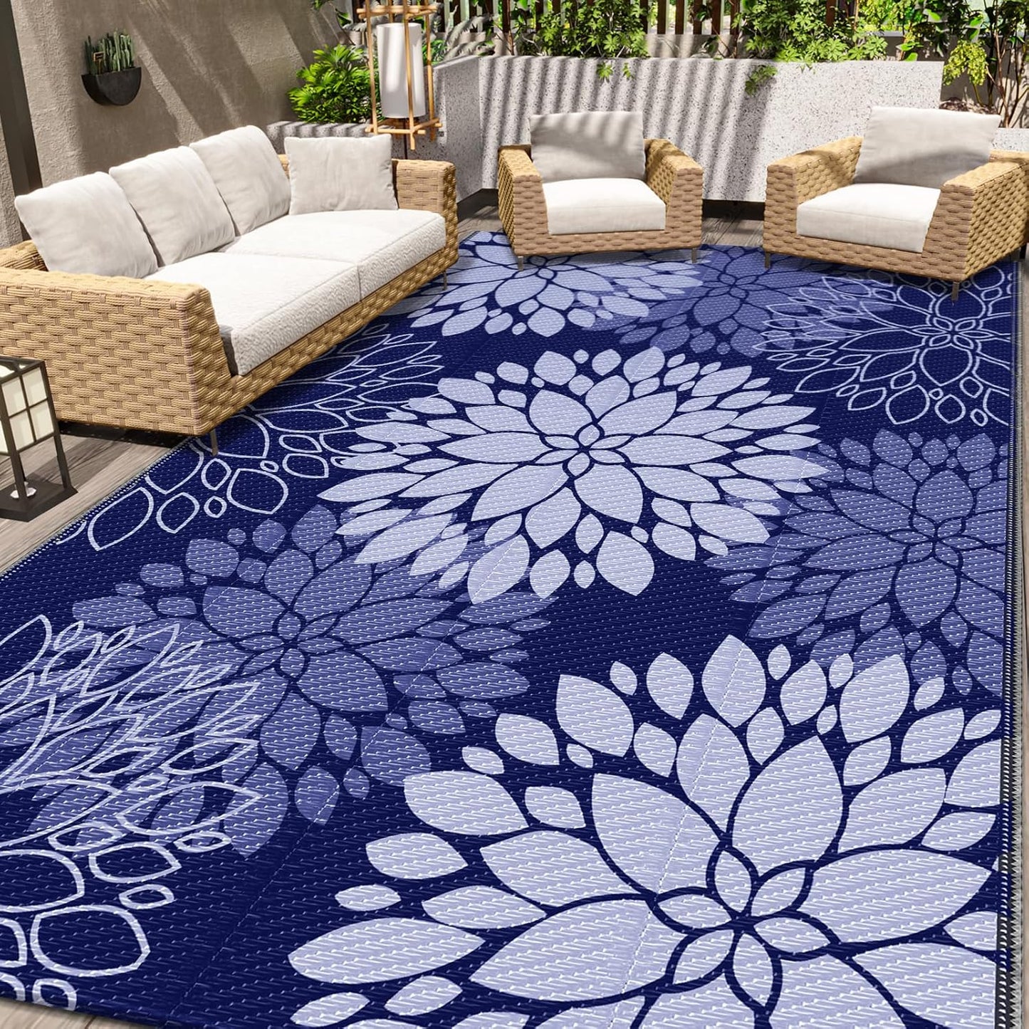 LuxStep Outdoor Rug Waterproof Outdoor Plastic Straw Rug Reversible Patio Rug Mat Outdoor Decor Large Area Mats for RV, Picnic, Backyard, Deck, Balcony, Porch, Beach, Camping, 5' x 8' Blue