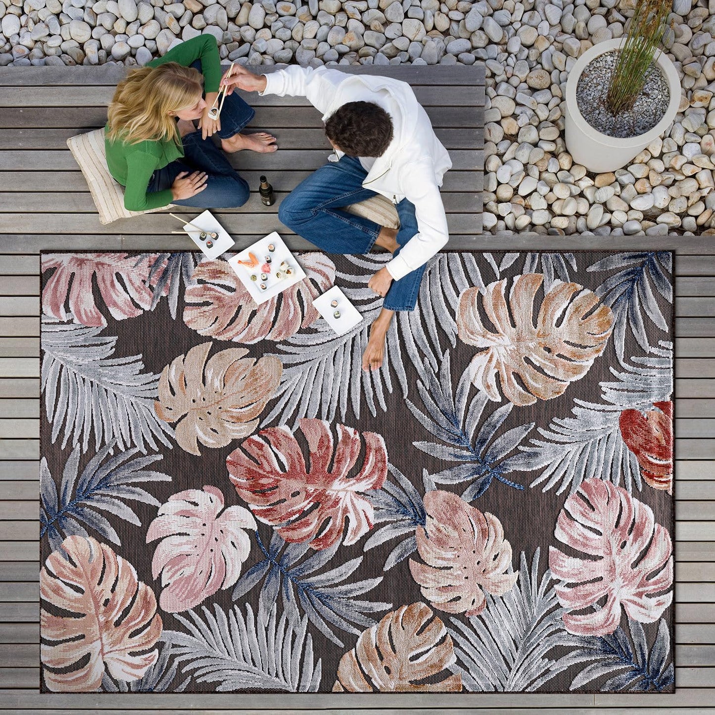 CAMILSON Indoor Outdoor Rug 8x10 Bohemian Medallion Floral Area Rugs for Indoor and Outdoor Patios Easy-Cleaning Non-Shedding Living Room Garden and Kitchen Washable Outside Carpet (8 x 10 / Beige)