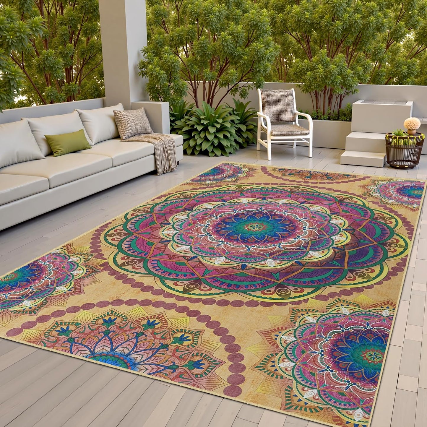 Meditation Indoor Outdoor Rug 5x8 ft Mandala Pattern Rug Boho Style,Yoga Meditation Mat Picnic Rug for Patio Living Room Porch Garden Deck Backyard Easy to Clean Non Shedding Non-Slip