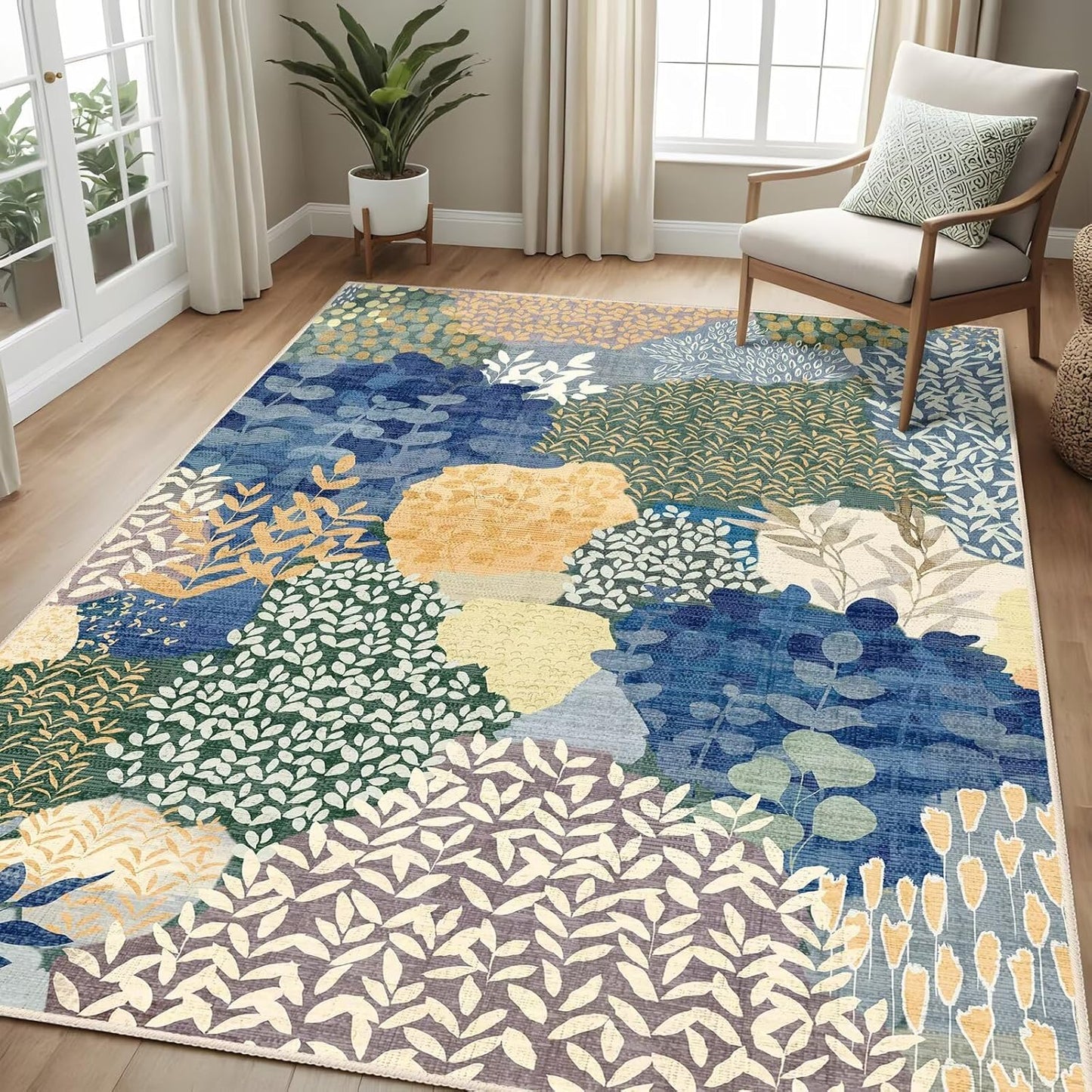DEXDE Runner Rug 2x6 Washable Hallway Boho Soft Area Rugs Abstract Long Non Slip Botanical Leaves Floral Print Carpet for Entryway, Kitchen, Laundry, Bathroom, Bedroom,Blue