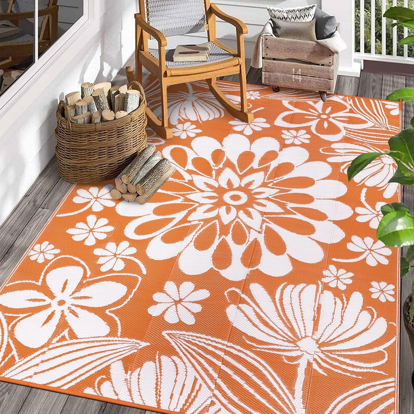 Ileading Round Outdoor Plastic Straw Rug 6ft Funny Floral Style Reversible Patio Area Rugs Waterproof Non Shedding Portable Carpets for Rv Outside Deck Pool Beach Picnic Camping (Pink)