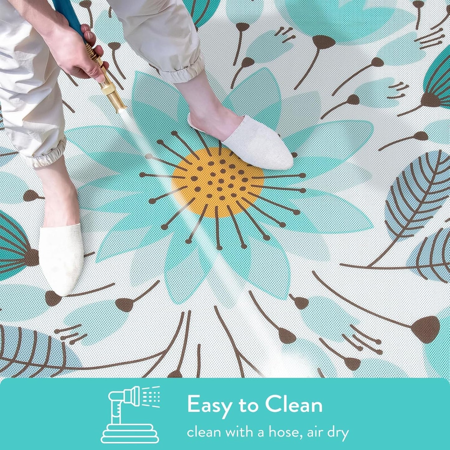 Uphome Blue Floral Patio Rug 6x9 ft, Breathable & Quick Drying Outdoor Rug Carpet, Non-Slip Washable RV Camping Mat, Flower Indoor Outdoor Area Rug for Backyard Garden Deck Balcony Picnic, 6'x9'