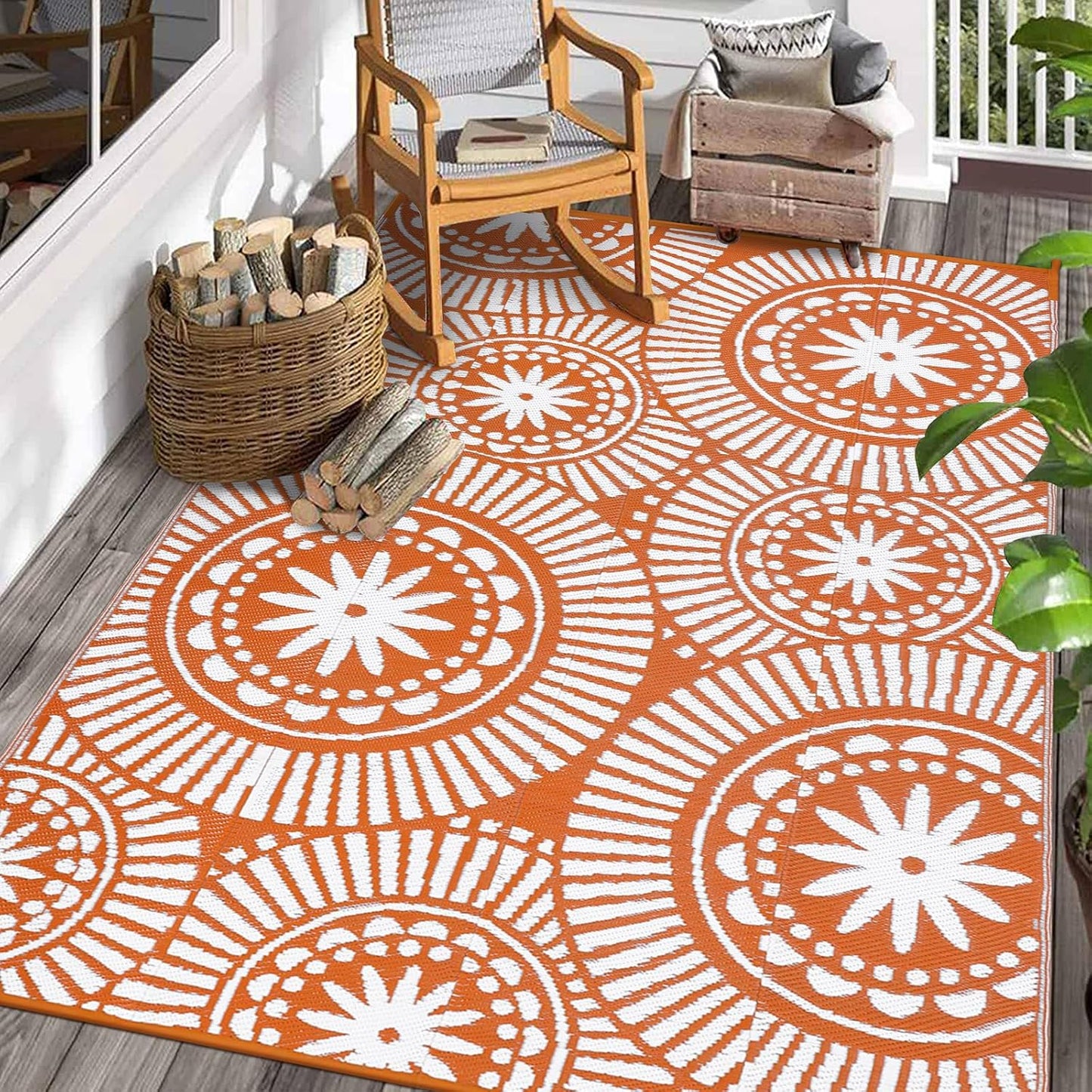 Ileading Round Outdoor Plastic Straw Rug 6ft Funny Floral Style Reversible Patio Area Rugs Waterproof Non Shedding Portable Carpets for Rv Outside Deck Pool Beach Picnic Camping (Pink)