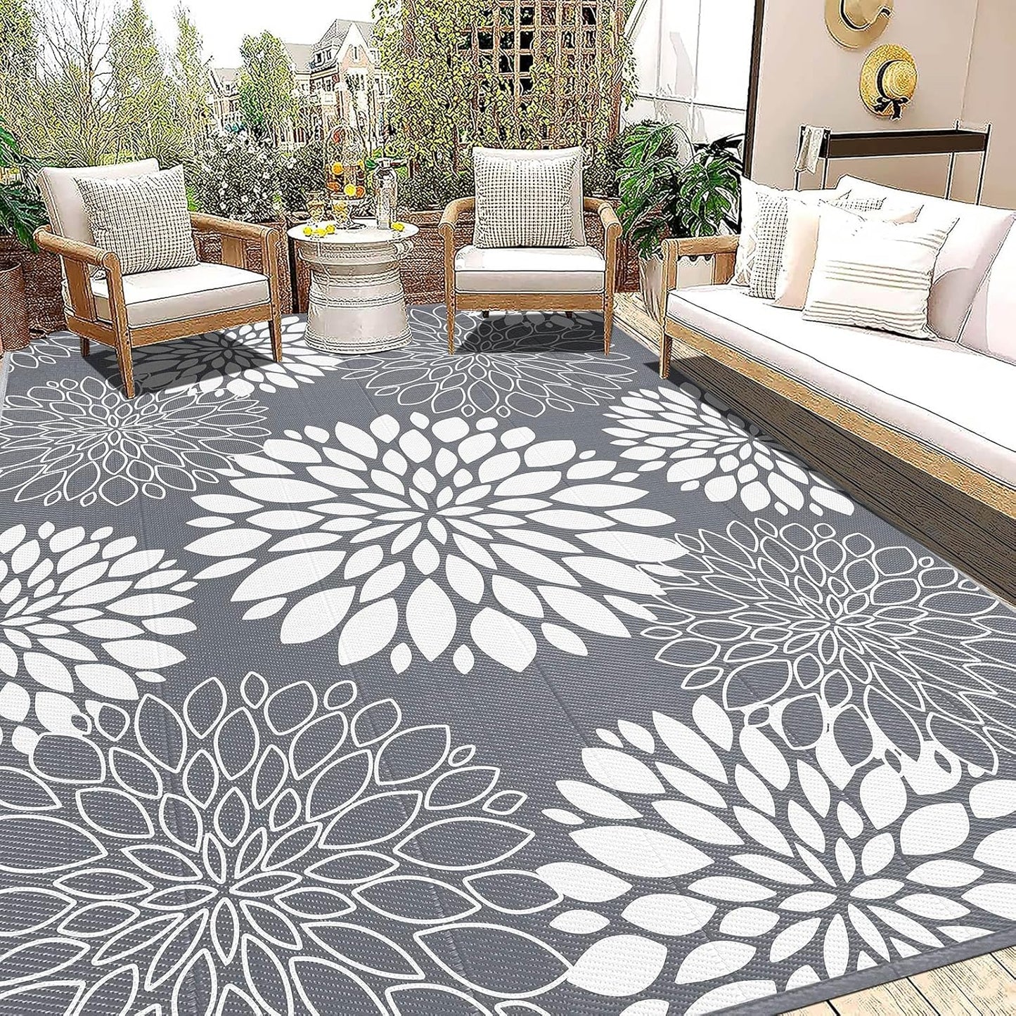 Ileading Reversible Outdoor Rug 6x9Ft Waterproof Patio Rug Carpet Portable Outdoor Plastic Straw Rug Large RV Camping Mat Rug for Patio, Clearance, Deck, Beach, Porch, Camping, Picnic, Flower Grey