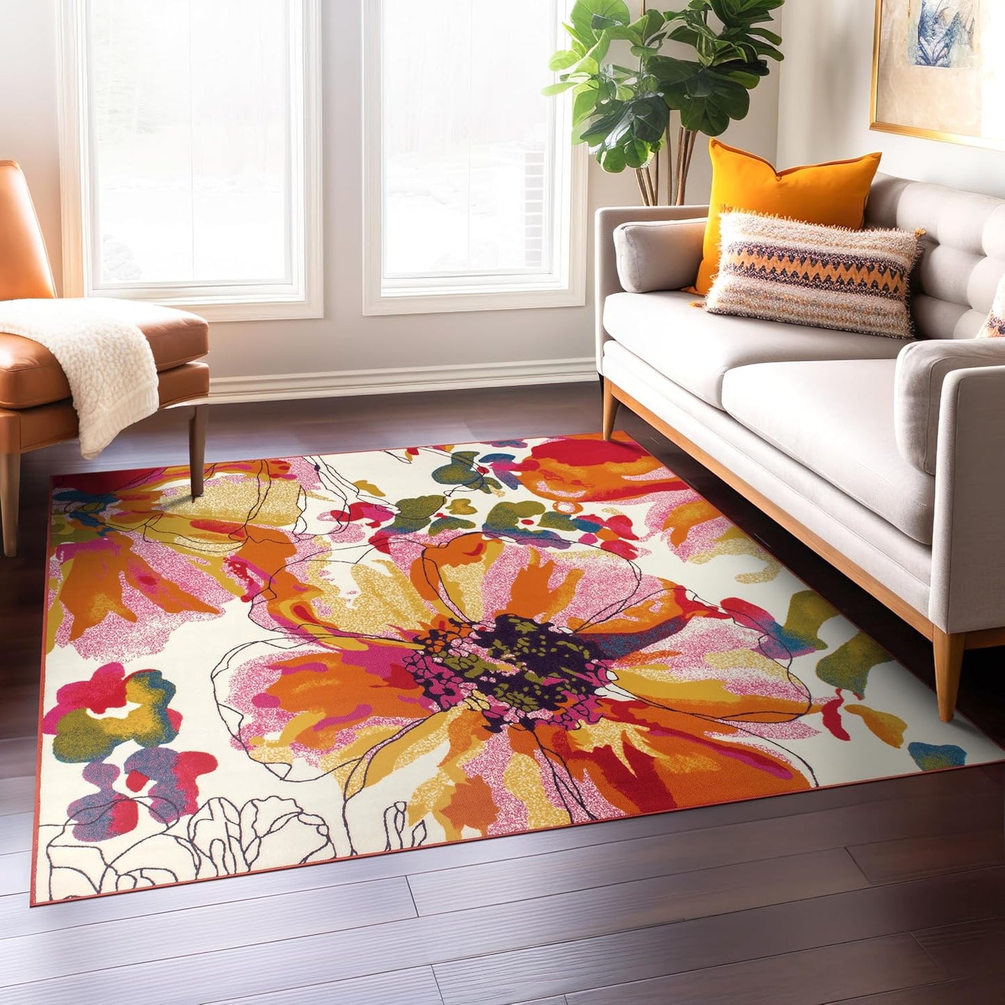 Rugshop Modern Bright Flowers Non-Slip (Non-Skid) Area Rug 8 x 10 (7' 10" x 10') Multi