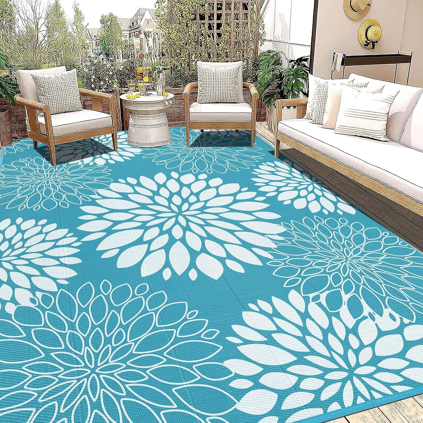 Ileading Reversible Outdoor Rug 6x9Ft Waterproof Patio Rug Carpet Portable Outdoor Plastic Straw Rug Large RV Camping Mat Rug for Patio, Clearance, Deck, Beach, Porch, Camping, Picnic, Flower Grey
