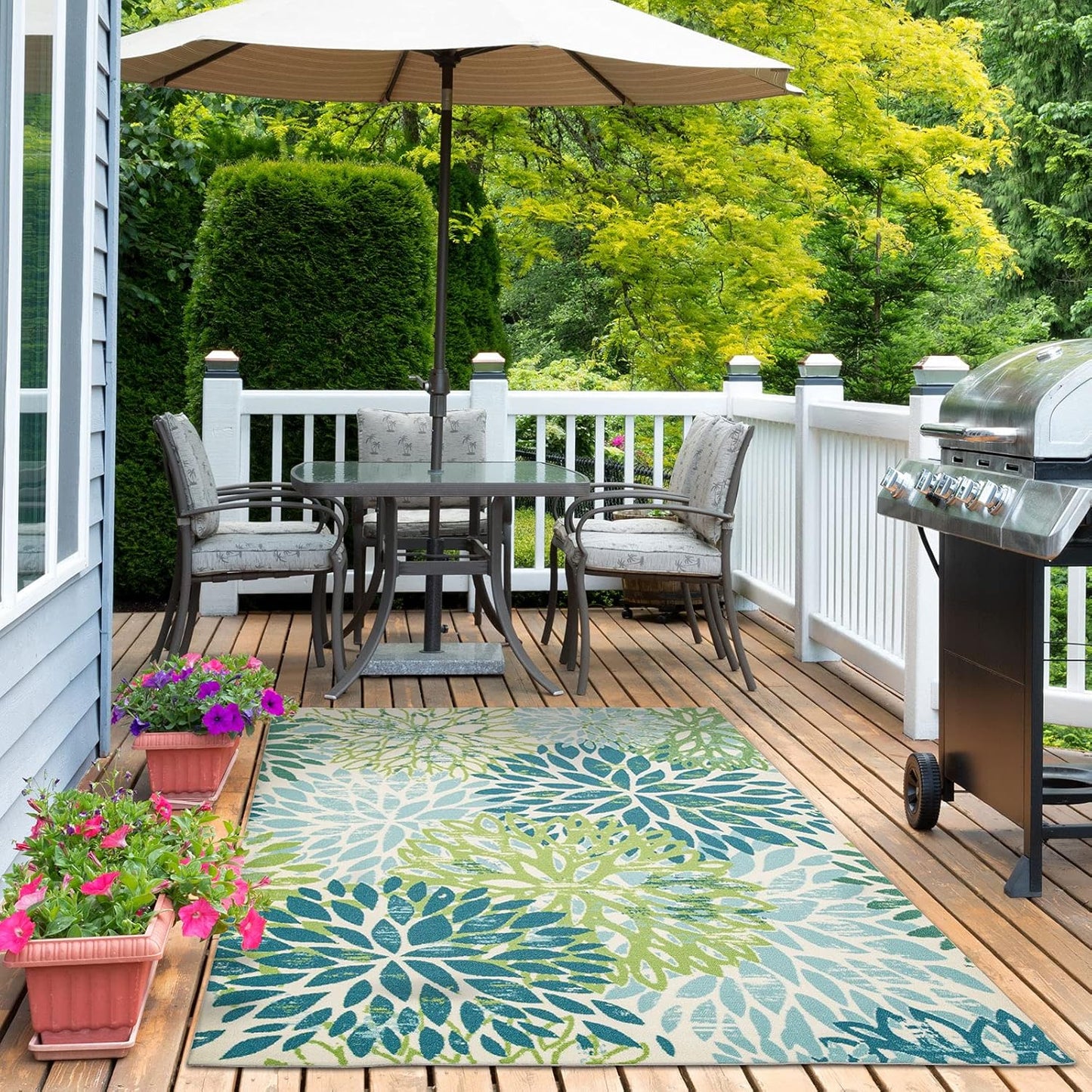 DECOMALL Outdoor Rugs for Patio Deck Porch Balcony Backyard, Green Blue Flower, 5'x7'