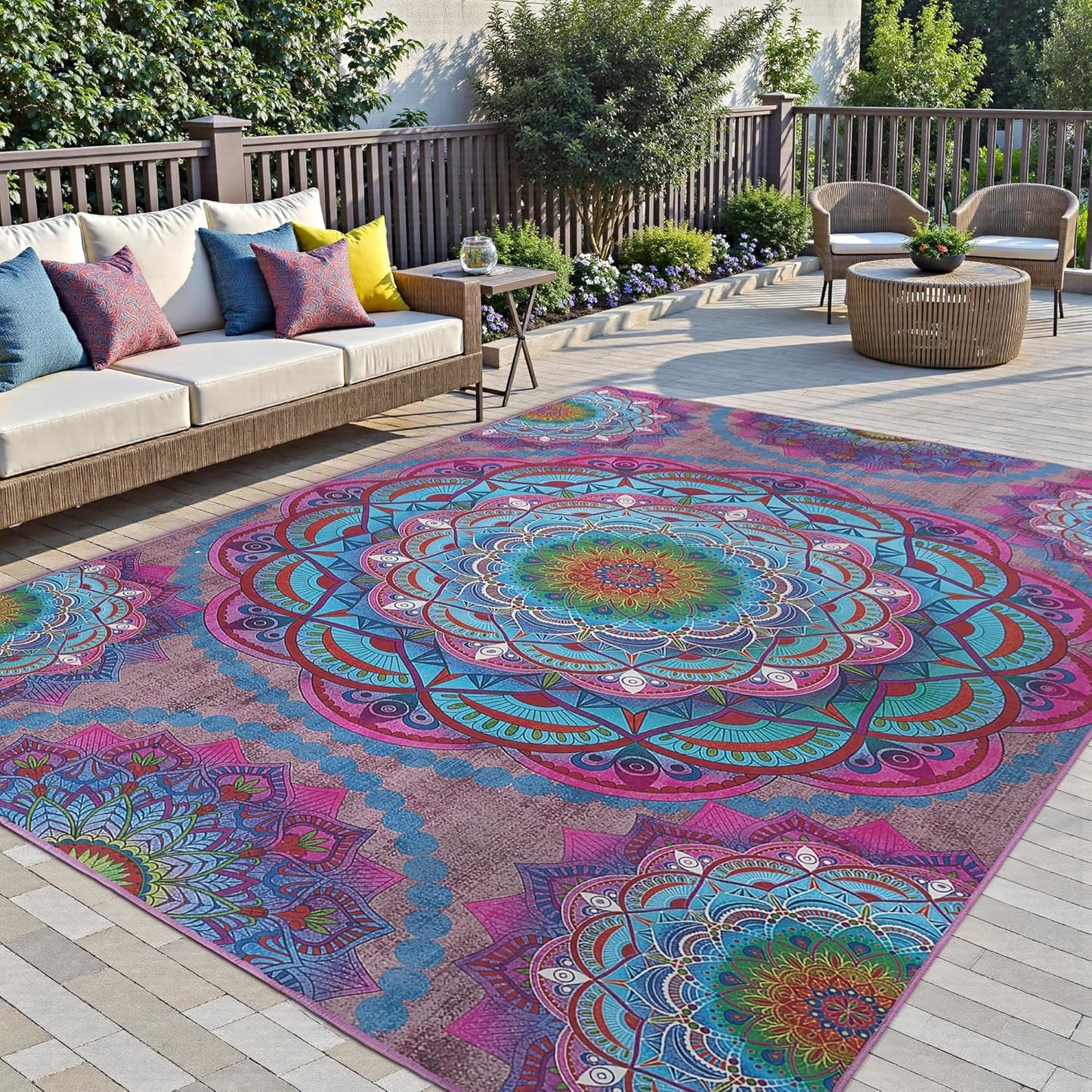 Meditation Indoor Outdoor Rug 5x8 ft Mandala Pattern Rug Boho Style,Yoga Meditation Mat Picnic Rug for Patio Living Room Porch Garden Deck Backyard Easy to Clean Non Shedding Non-Slip