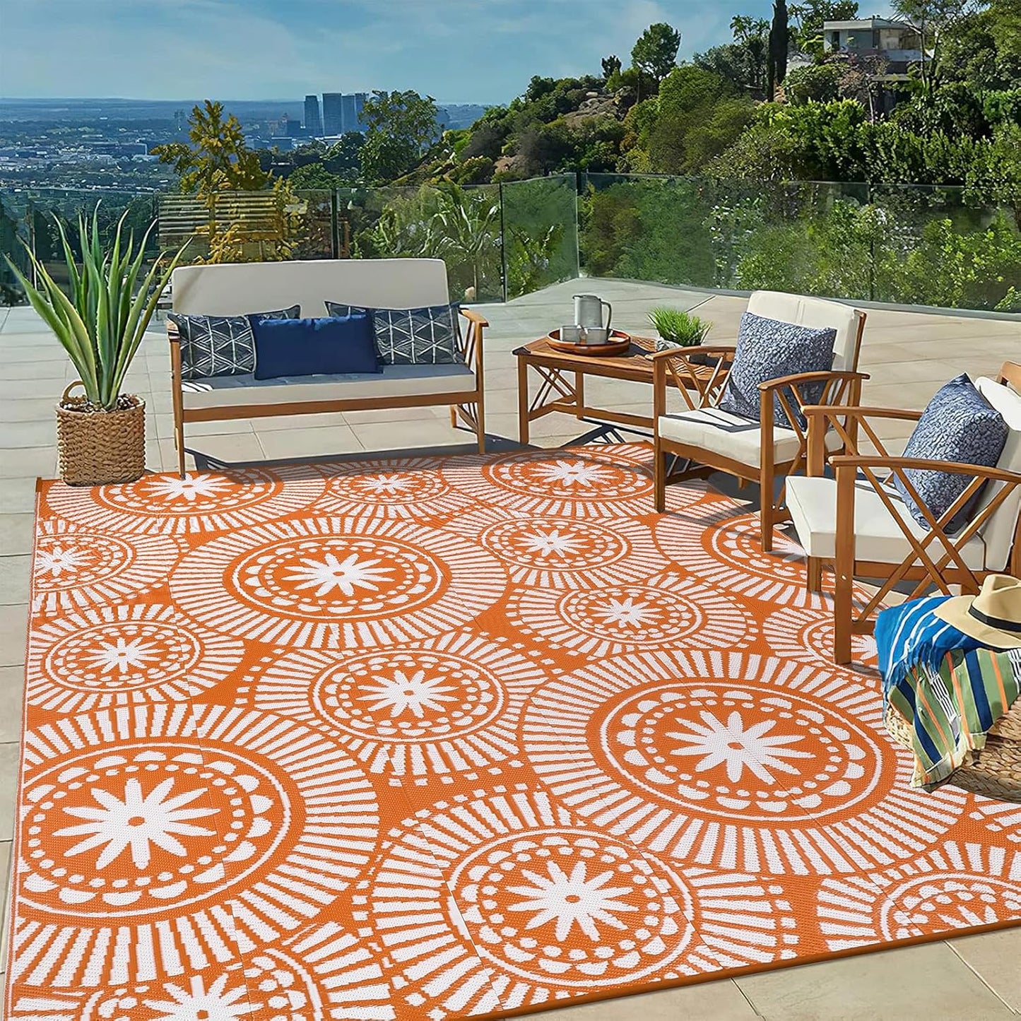 Ileading Round Outdoor Plastic Straw Rug 6ft Funny Floral Style Reversible Patio Area Rugs Waterproof Non Shedding Portable Carpets for Rv Outside Deck Pool Beach Picnic Camping (Pink)