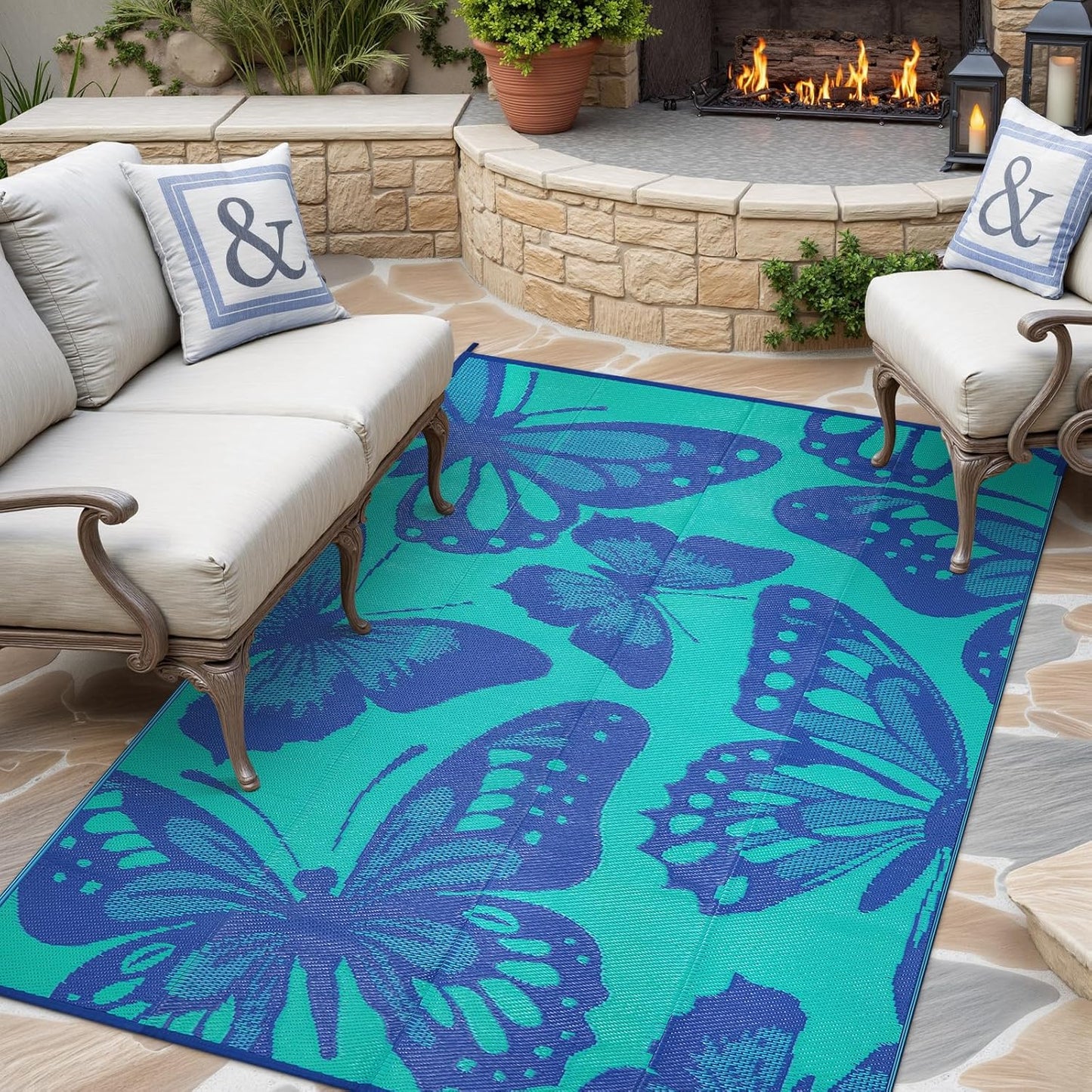Uphome Outdoor Rug Waterproof 6x9 ft, Patio Plastic Straw Rugs for RV Camping, Reversible Butterfly Mat Outside, Indoor Outdoor Floor Carpet for Back Yard Deck Balcony Porch Beach Picnic