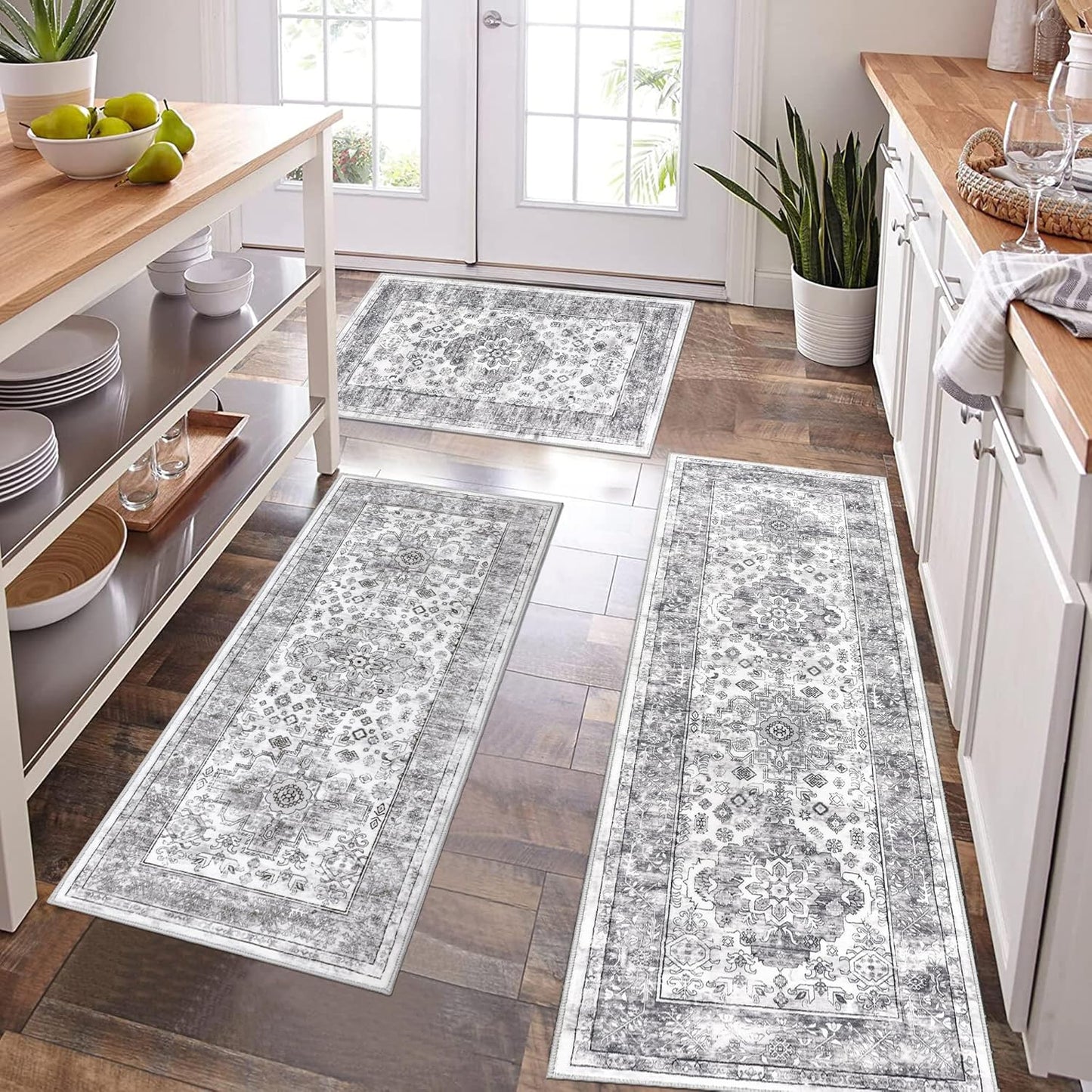 Pauwer Kitchen Mats for Floor 3 Piece Set Boho Non Slip Kitchen Rugs Washable Farmhouse Kitchen Floor Mats Thick Long Kitchen Throw Area Rug Carpet Runner for Hallway Entryway Laundry Bathroom, Blue