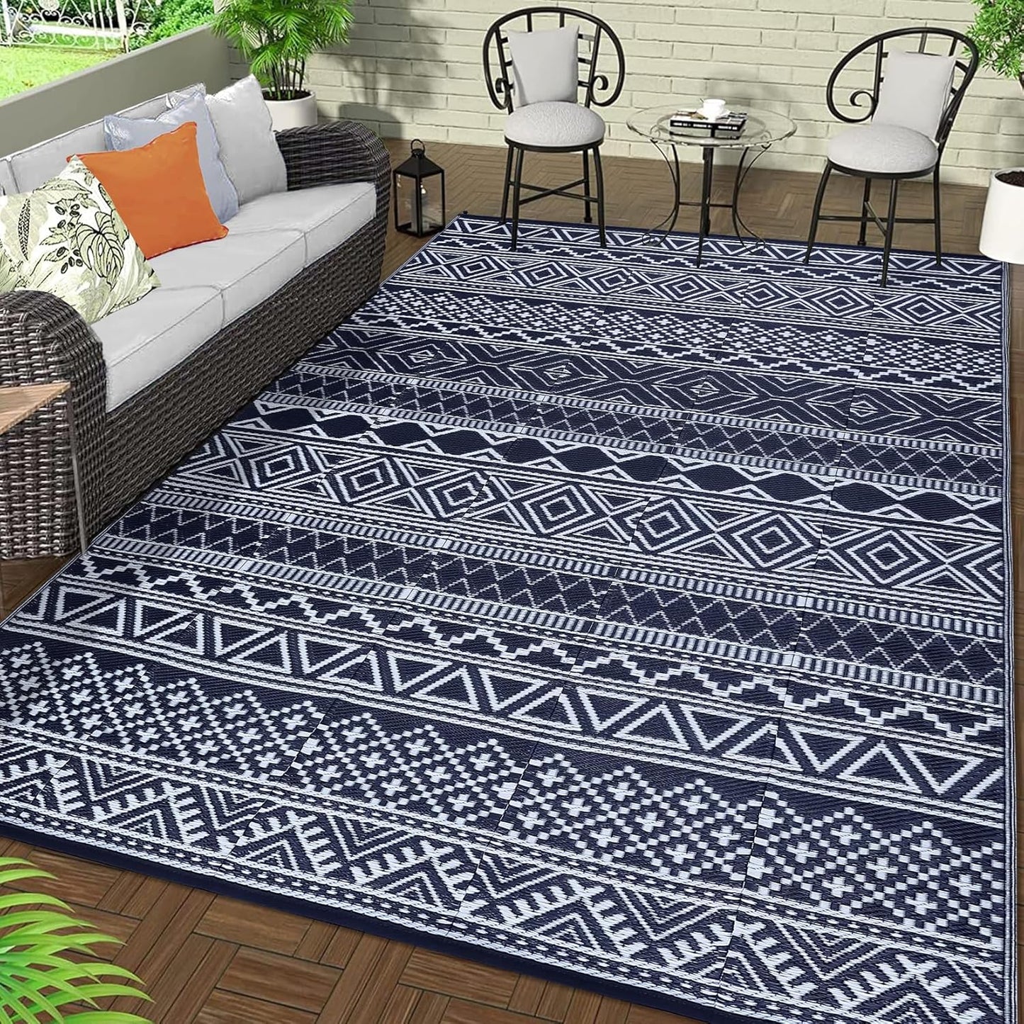 GAOMON Outdoor Plastic Straw Rug, 10'x20' Reversible Sage Green Patio Mat, Flower Modern Design for RV, Backyard, Deck, Camping, Picnic, Teal/Yellow(Bohemia)