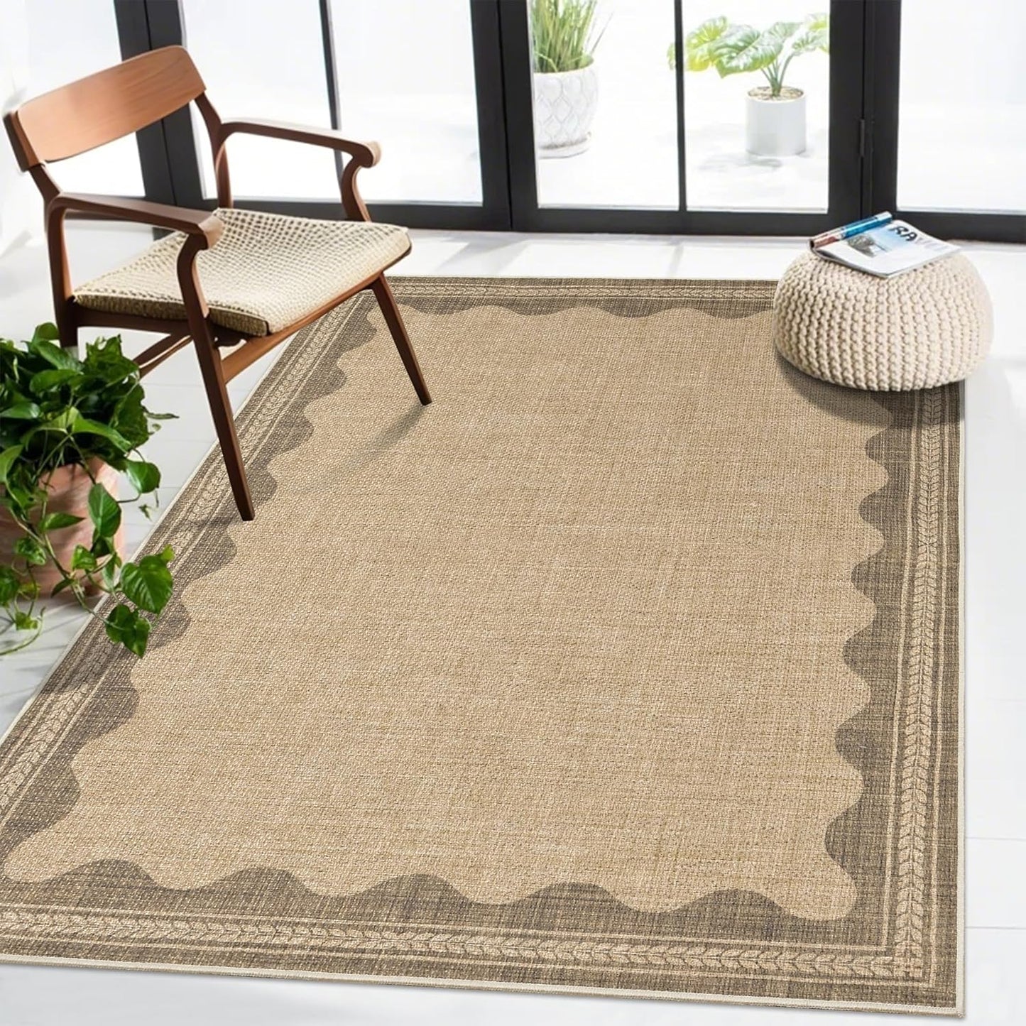Floral Easy Jute Rug 5x7 Outdoor Patio Rug Washable Area Rugs for Living Room Bedroom Non Slip Neutral Farmhouse Indoor Outdoor Carpet for Backyard Patio Office