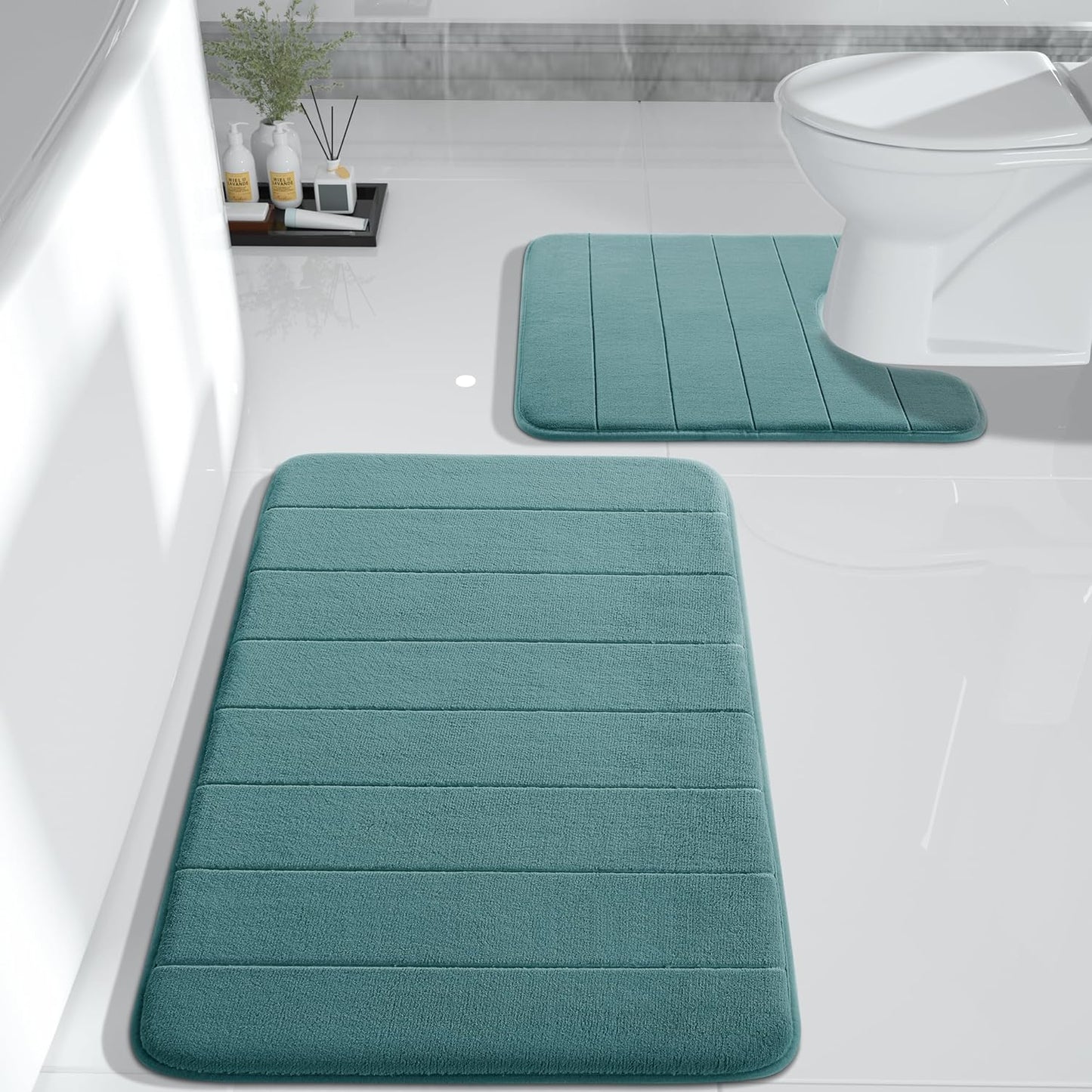 Yimobra Large Bath Mat Set 2 Piece- Super Soft Absorbent Quick Dry Memory Foam Bathroom Rugs, Machine Washable Non Slip Floor Carpet for Tub Shower & Double Vanity (17x24 & 44x24, Gray)