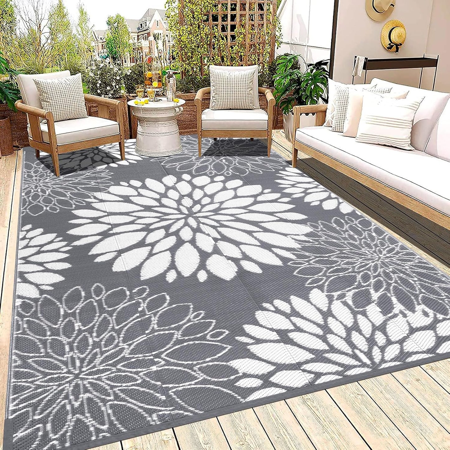 Ileading Reversible Outdoor Rug 6x9Ft Waterproof Patio Rug Carpet Portable Outdoor Plastic Straw Rug Large RV Camping Mat Rug for Patio, Clearance, Deck, Beach, Porch, Camping, Picnic, Flower Grey