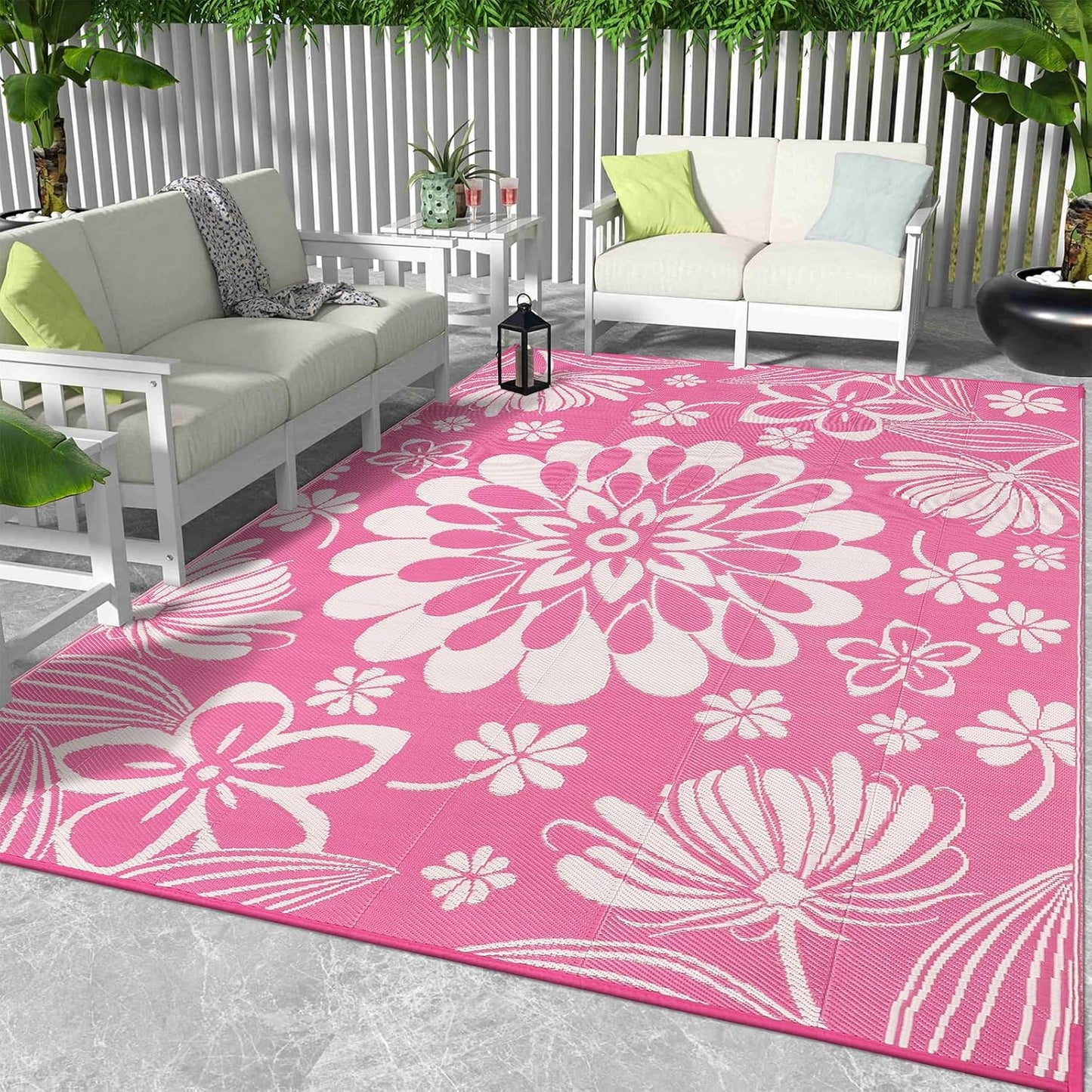 Ileading Round Outdoor Plastic Straw Rug 6ft Funny Floral Style Reversible Patio Area Rugs Waterproof Non Shedding Portable Carpets for Rv Outside Deck Pool Beach Picnic Camping (Pink)