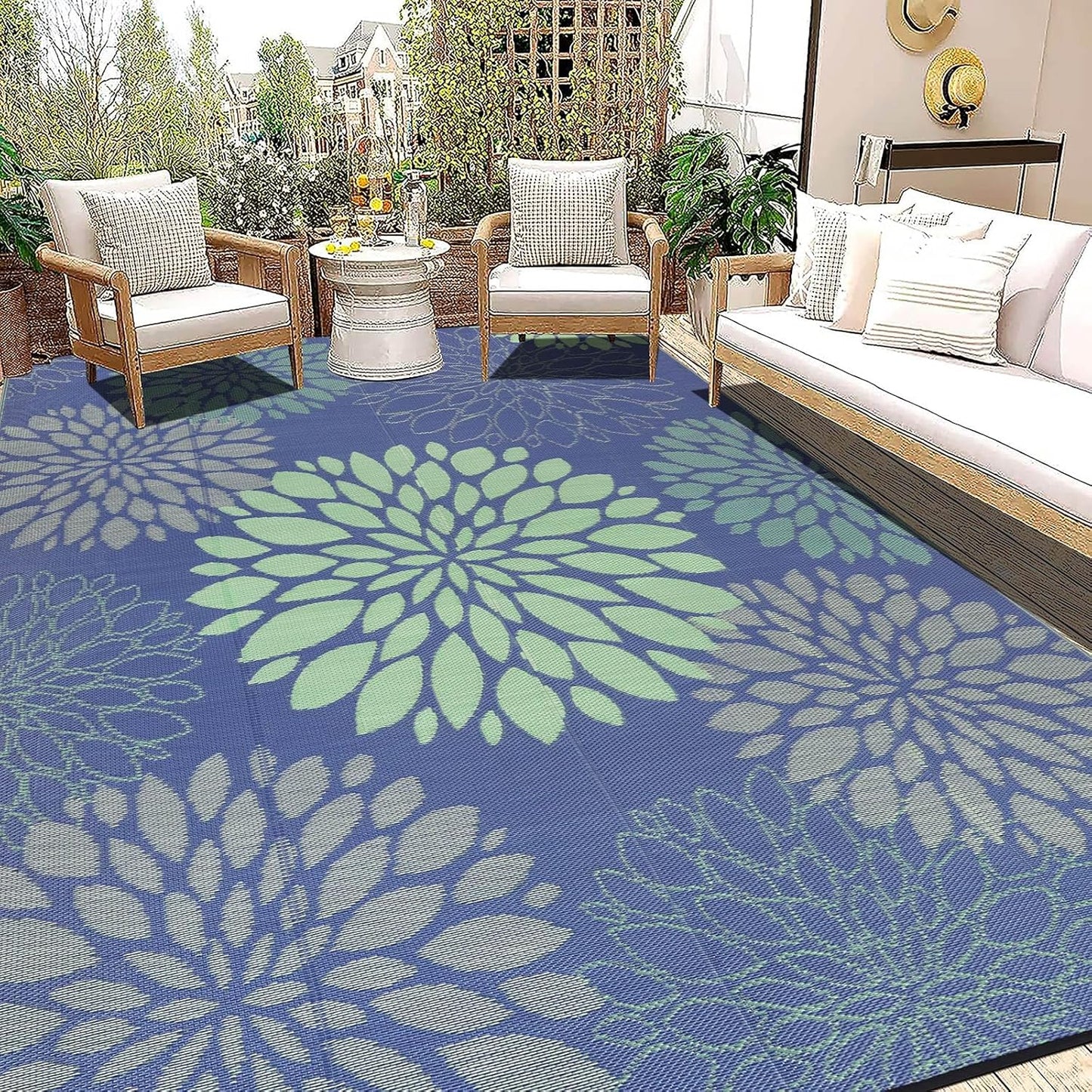 Ileading Reversible Outdoor Rug 6x9Ft Waterproof Patio Rug Carpet Portable Outdoor Plastic Straw Rug Large RV Camping Mat Rug for Patio, Clearance, Deck, Beach, Porch, Camping, Picnic, Flower Grey