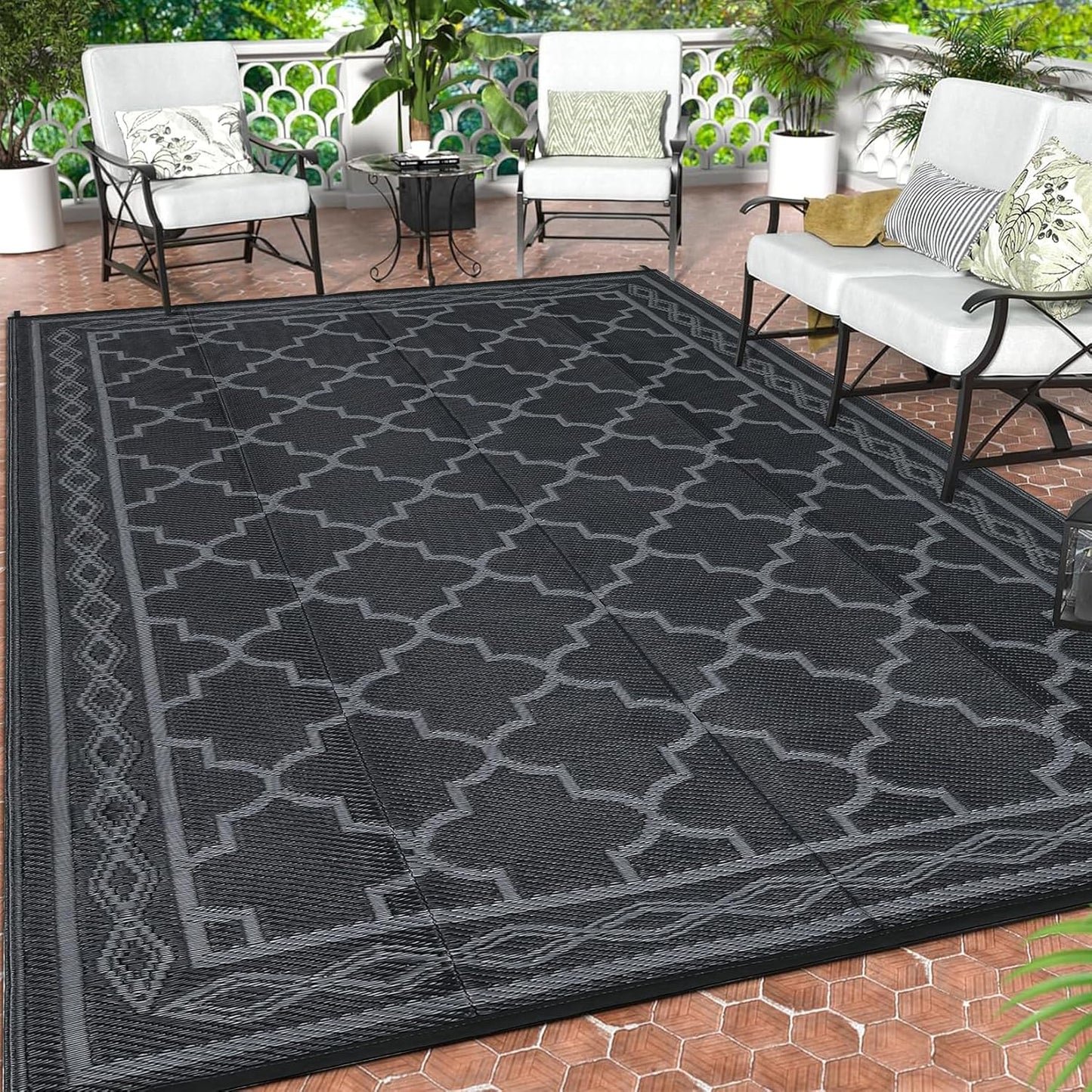 GAOMON Outdoor Plastic Straw Rug, 10'x20' Reversible Sage Green Patio Mat, Flower Modern Design for RV, Backyard, Deck, Camping, Picnic, Teal/Yellow(Bohemia)