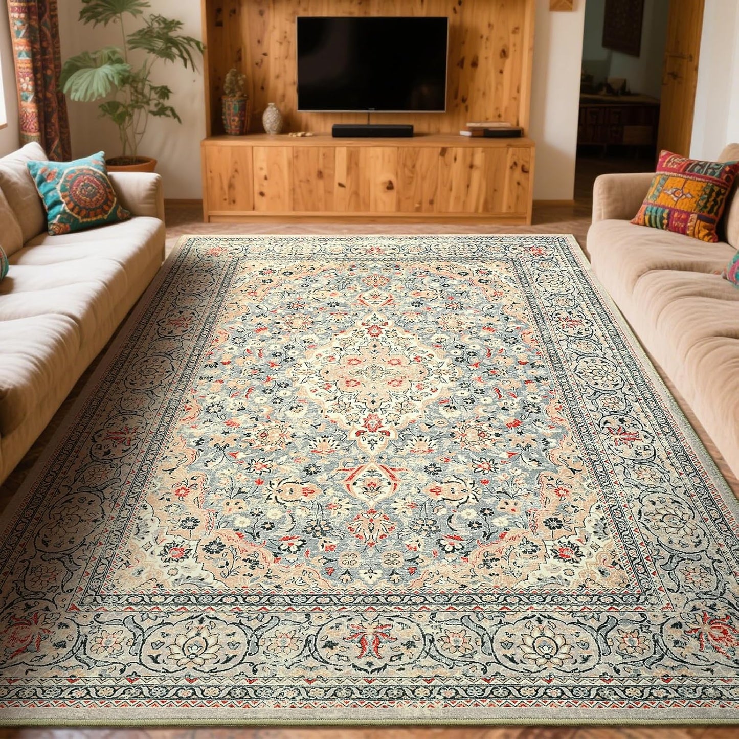 Washable Rug 4x6, Gray Area Rugs Non Slip, Indoor Low Pile Carpet with Rubber Backing for Living Room Kitchen Bathroom Entryway Office Bedroom