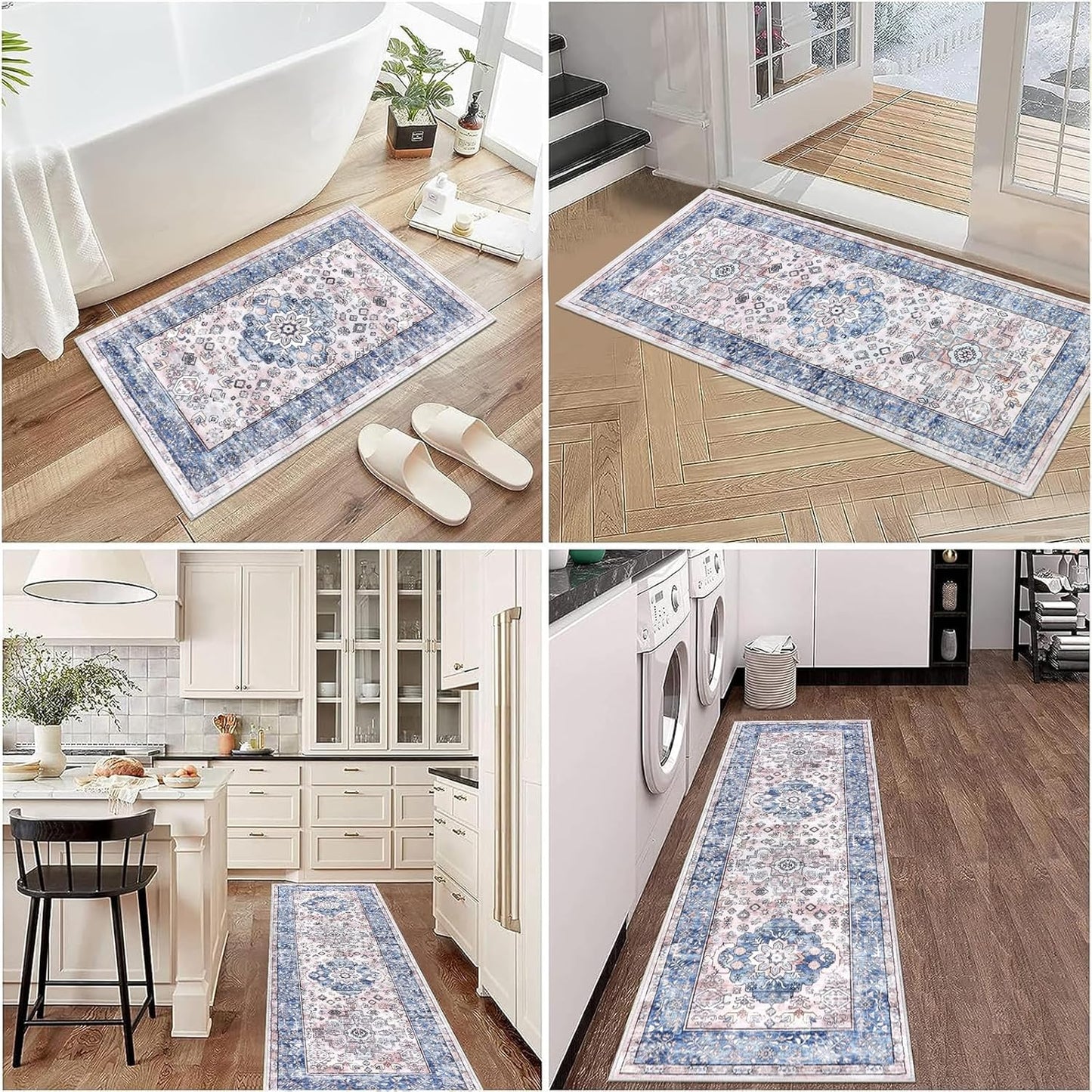 Pauwer Kitchen Mats for Floor 3 Piece Set Boho Non Slip Kitchen Rugs Washable Farmhouse Kitchen Floor Mats Thick Long Kitchen Throw Area Rug Carpet Runner for Hallway Entryway Laundry Bathroom, Blue