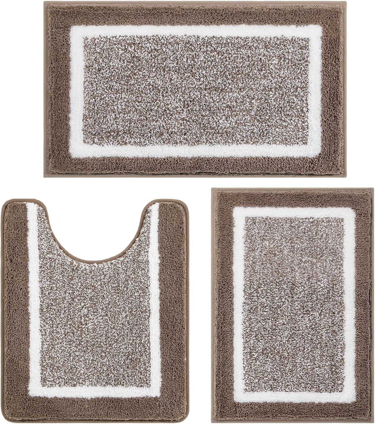 Pauwer Bathroom Rug Mat Set 3 Piece, Microfiber Shaggy Bath Set, Non-Slip Ultra Soft Carpet Mats, Absorbent with U-Shaped Toilet for Bathroom, Tub, Shower, Dark Grey
