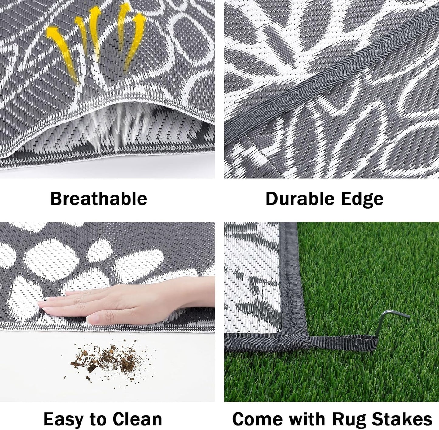 Ileading Reversible Outdoor Rug 6x9Ft Waterproof Patio Rug Carpet Portable Outdoor Plastic Straw Rug Large RV Camping Mat Rug for Patio, Clearance, Deck, Beach, Porch, Camping, Picnic, Flower Grey
