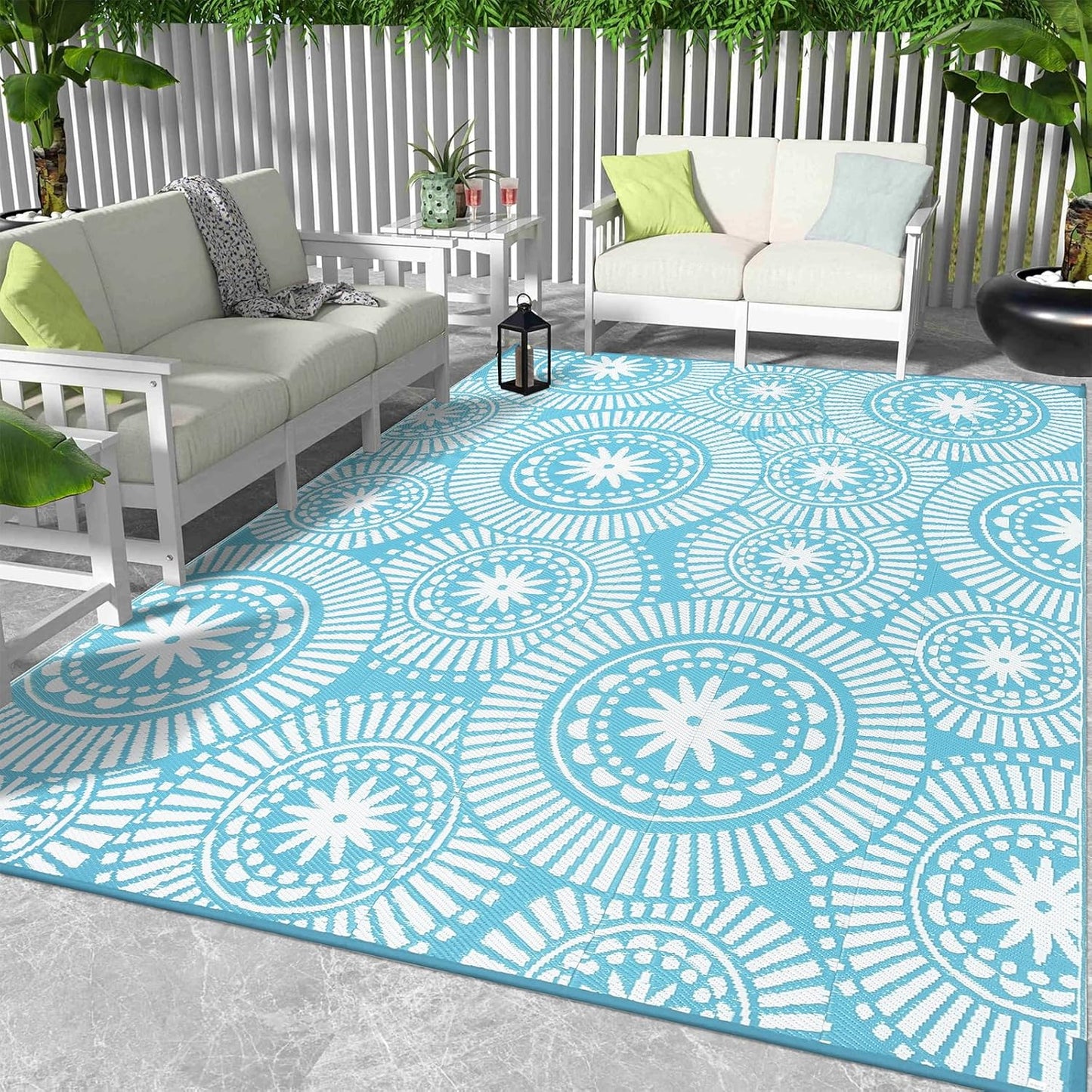 Ileading Round Outdoor Plastic Straw Rug 6ft Funny Floral Style Reversible Patio Area Rugs Waterproof Non Shedding Portable Carpets for Rv Outside Deck Pool Beach Picnic Camping (Pink)