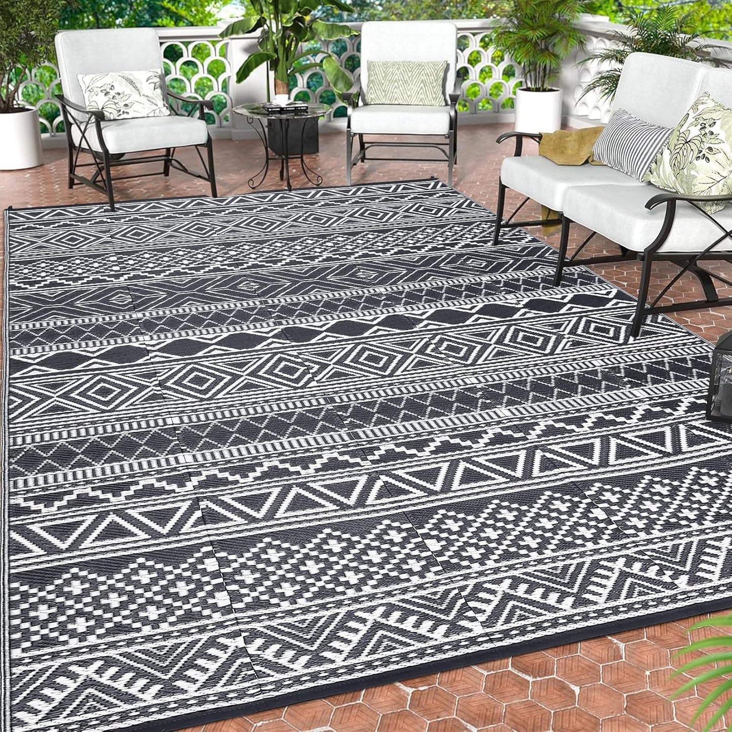 GAOMON Outdoor Plastic Straw Rug, 10'x20' Reversible Sage Green Patio Mat, Flower Modern Design for RV, Backyard, Deck, Camping, Picnic, Teal/Yellow(Bohemia)