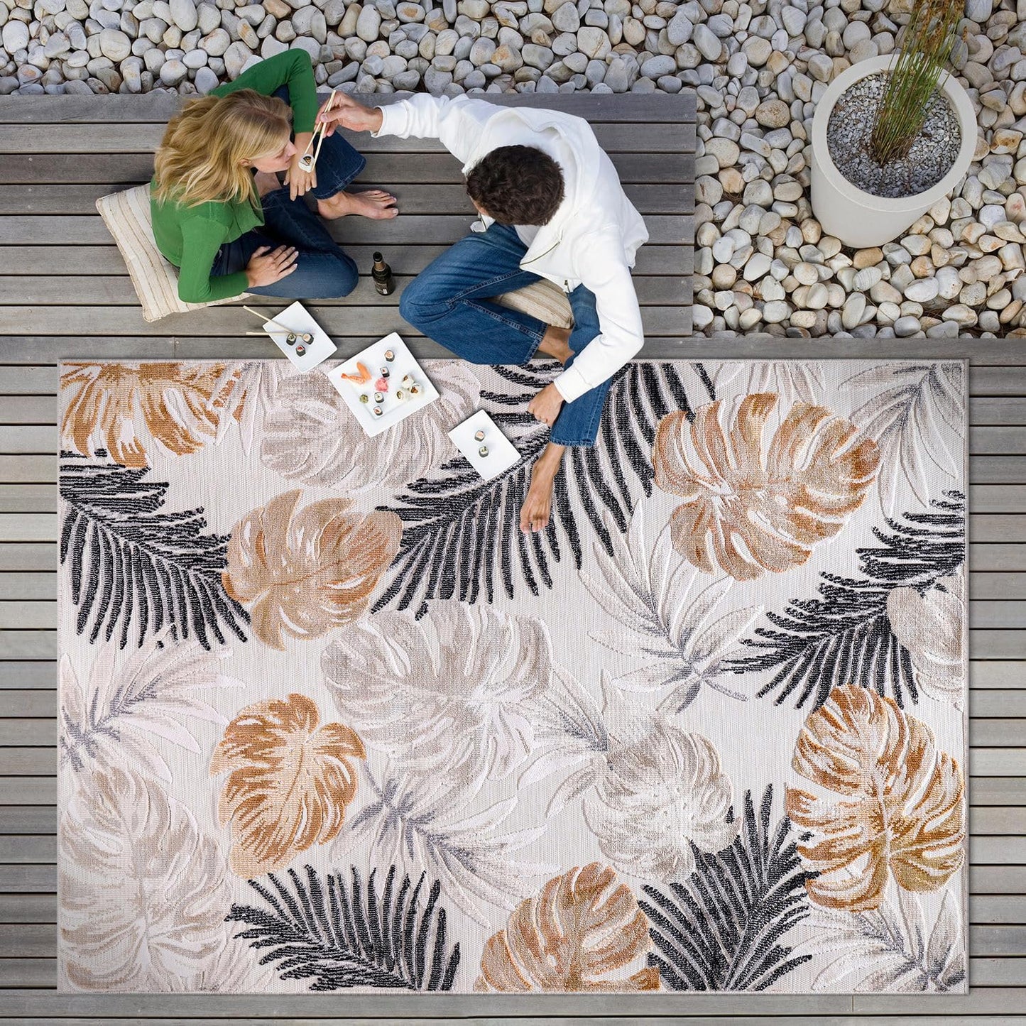 CAMILSON Indoor Outdoor Rug 8x10 Bohemian Medallion Floral Area Rugs for Indoor and Outdoor Patios Easy-Cleaning Non-Shedding Living Room Garden and Kitchen Washable Outside Carpet (8 x 10 / Beige)