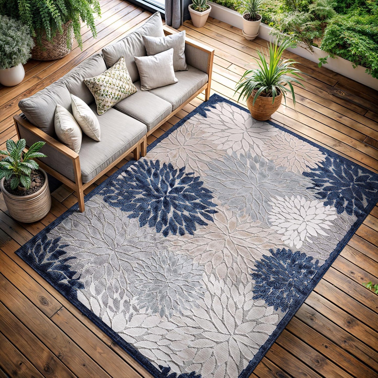 CAMILSON Indoor Outdoor Rug 8x10 Bohemian Medallion Floral Area Rugs for Indoor and Outdoor Patios Easy-Cleaning Non-Shedding Living Room Garden and Kitchen Washable Outside Carpet (8 x 10 / Beige)
